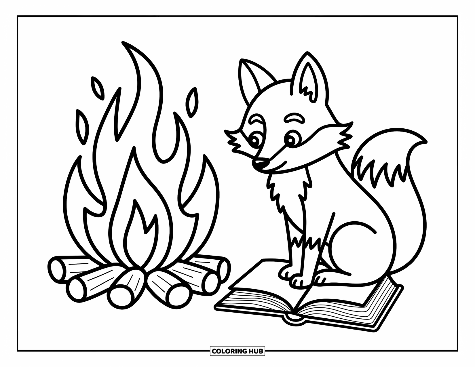 Stress Relief Coloring Page for Kids: Campfire glows as a fox reads with its tail curled close