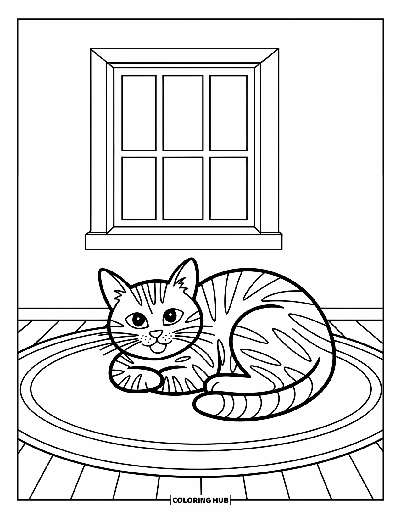 Stress Relief Coloring Page for Kids: Cat naps cheerfully on a rug while sunshine peeks through the window