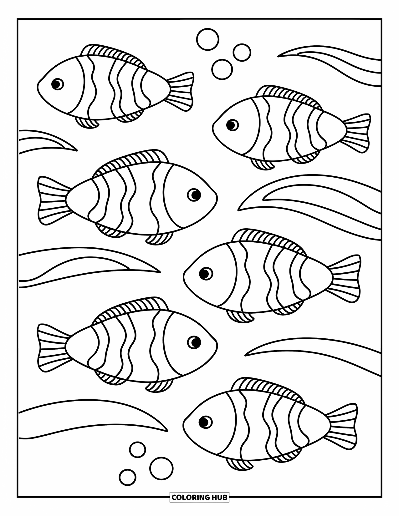 Stress Relief Coloring Page for Kids: Cheerful fish swim through curvy water with a few soft bubbles