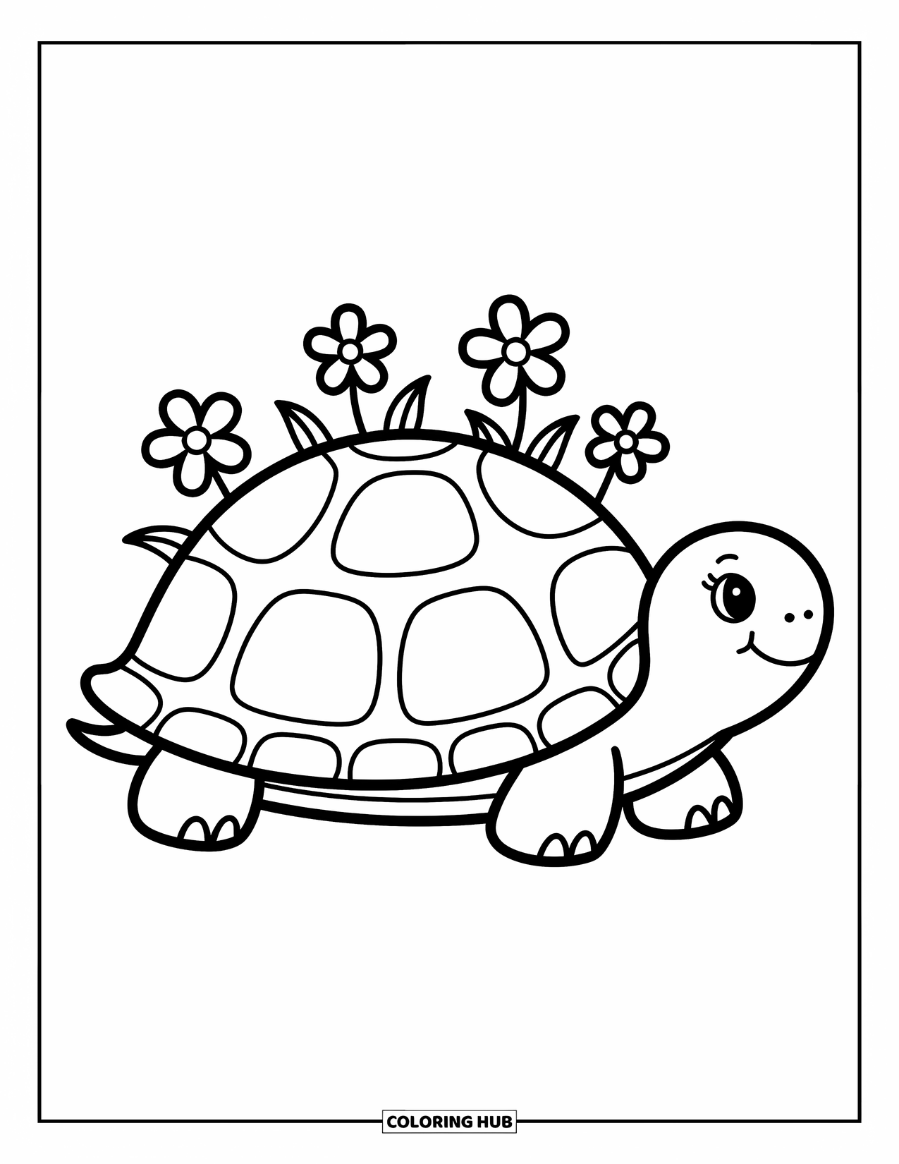 Stress Relief Coloring Page for Kids: Chubby turtle takes a stroll with cute flowers growing on its shell