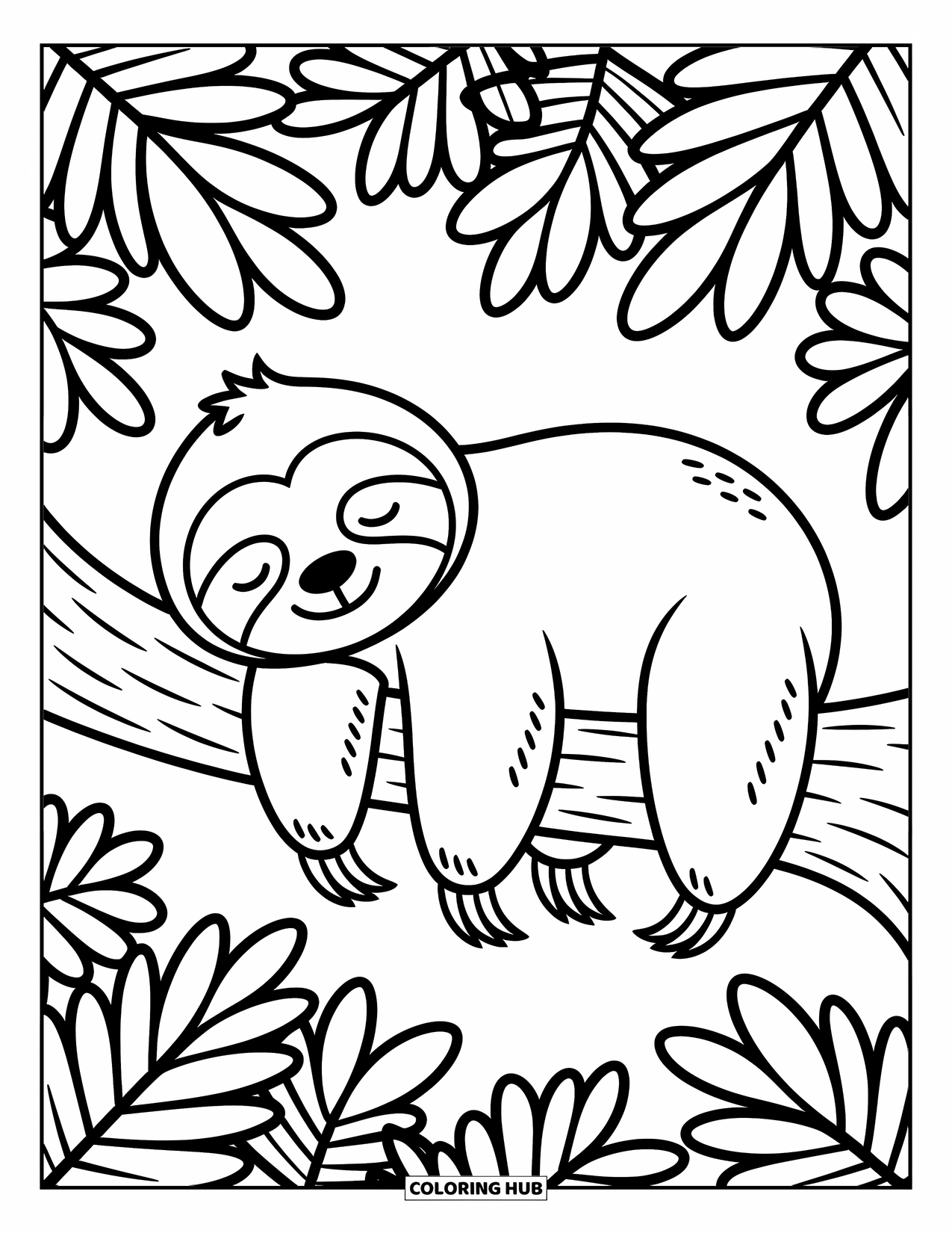 Stress Relief Coloring Page for Kids: Cute sloth naps peacefully in the trees under big leafy branches