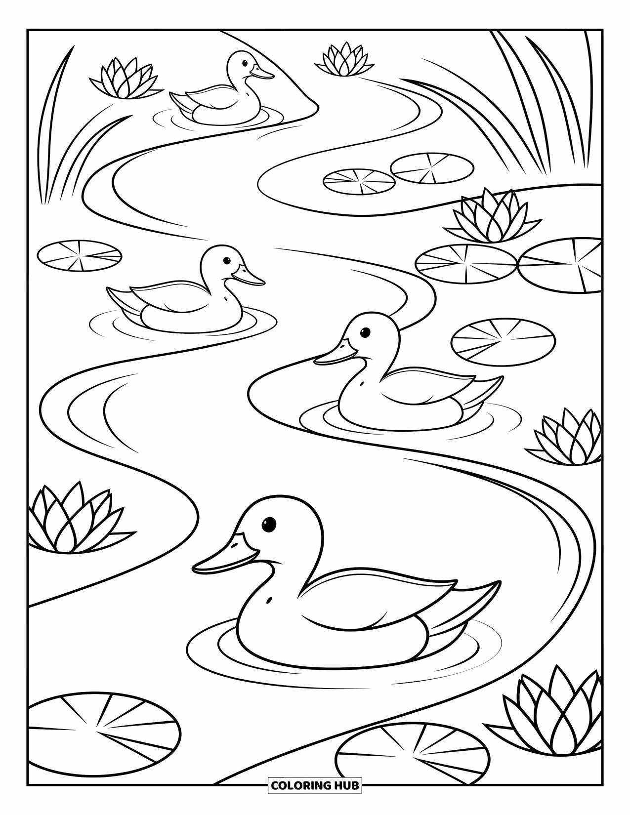 Stress Relief Coloring Page for Kids: Ducks and lily pads drift peacefully along a winding stream