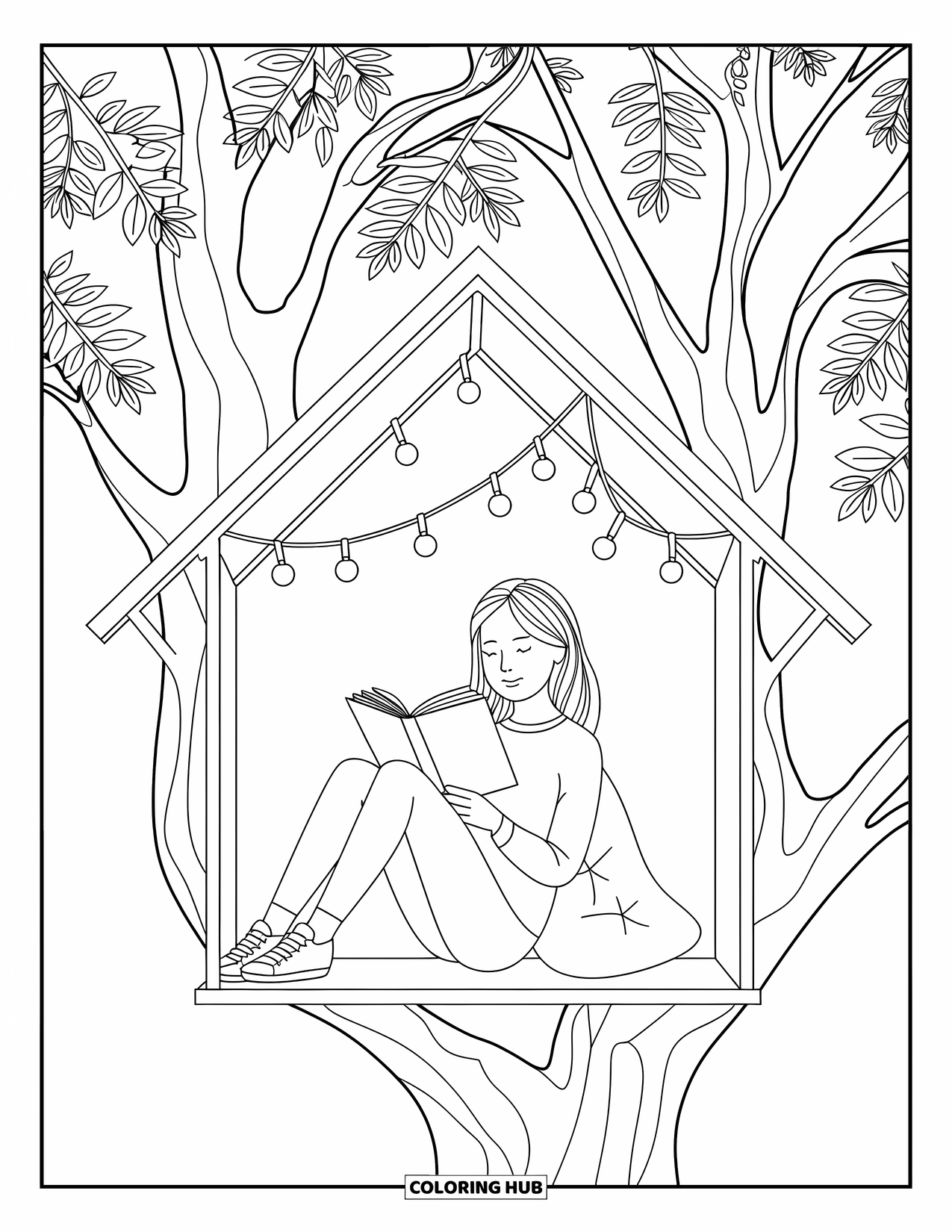 Stress Relief Coloring Page for Kids: Fairy lights dangle in a treehouse where a girl reads peacefully