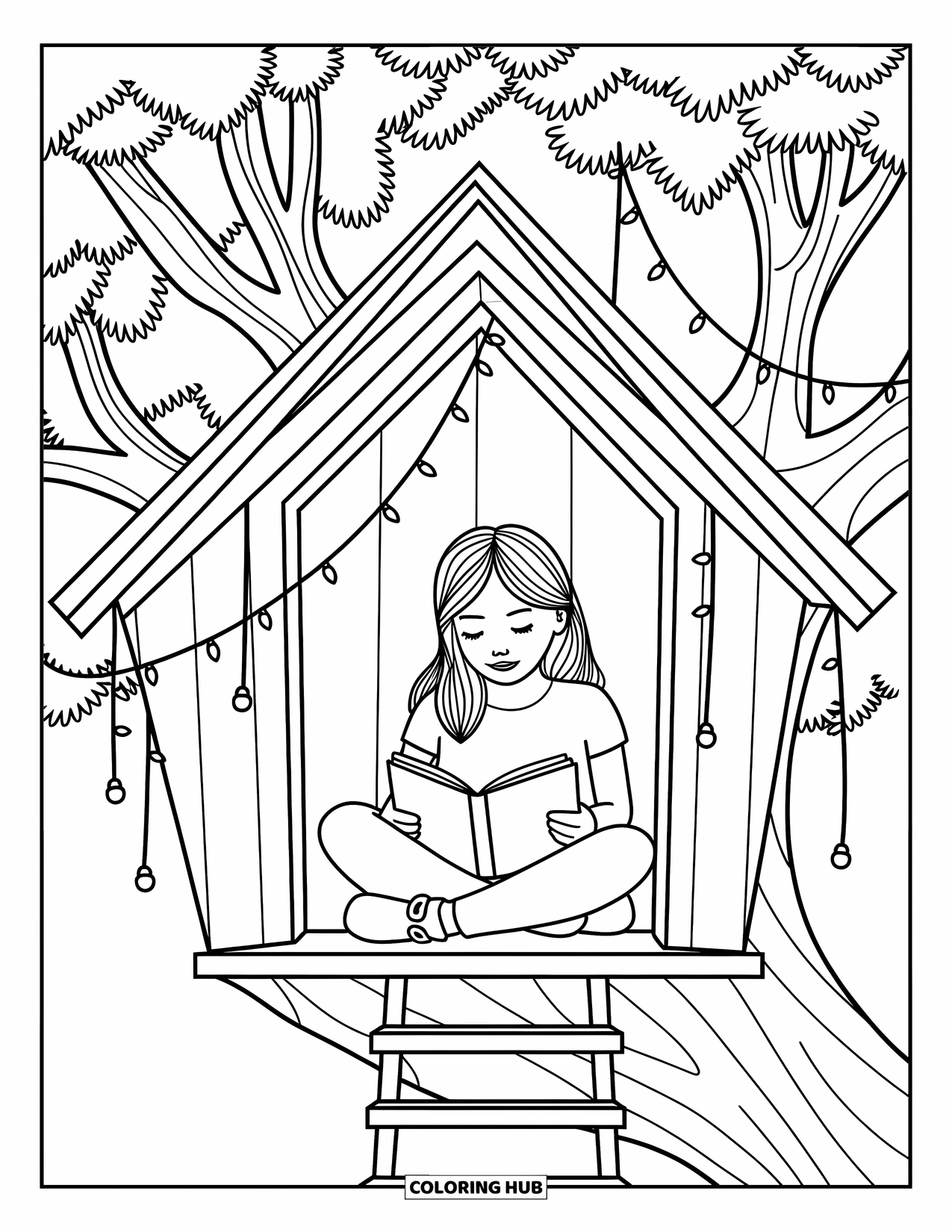 Stress Relief Coloring Page for Kids: Fairy lights glow while a girl reads in her cozy treehouse