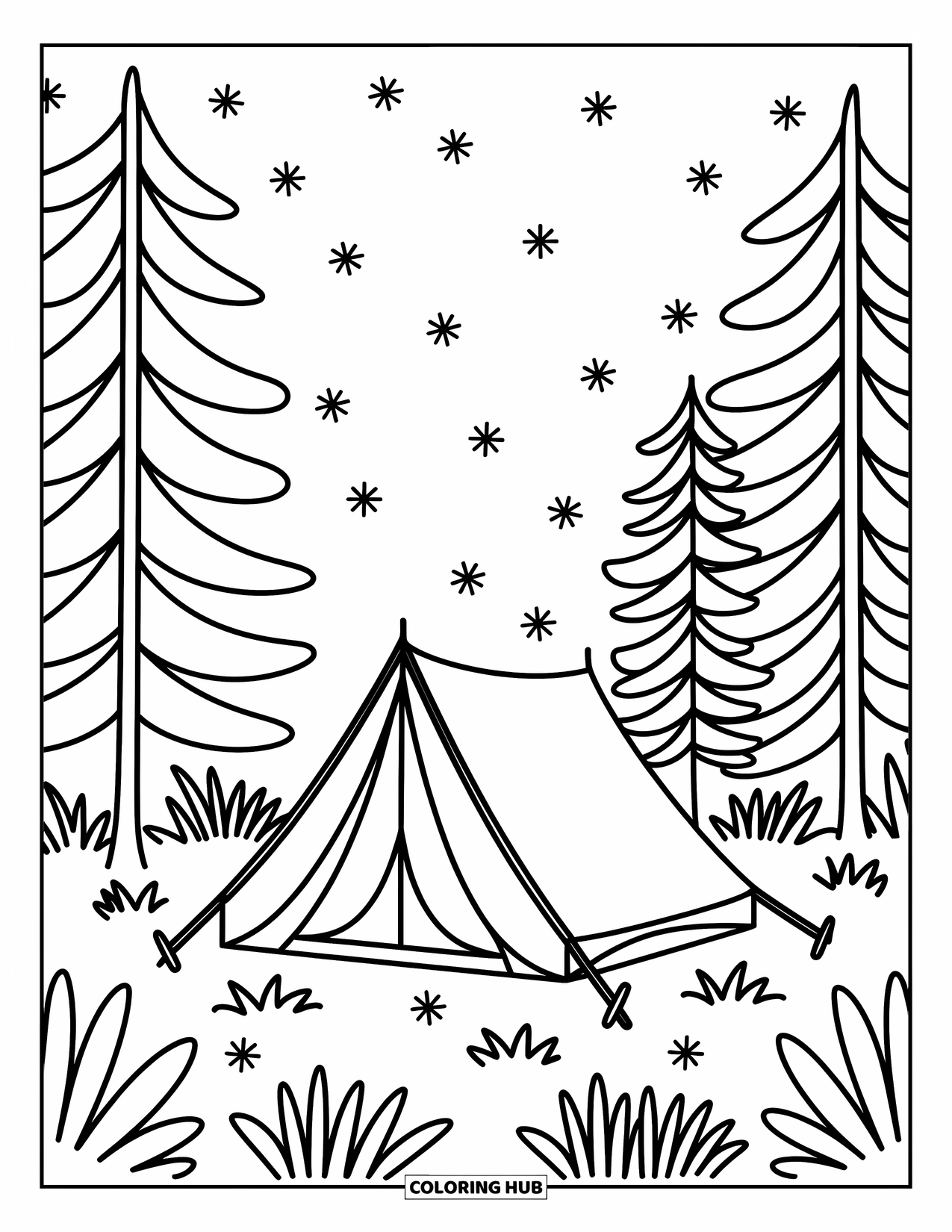 Stress Relief Coloring Page for Kids: Fireflies dance around a tent beneath the trees and stars