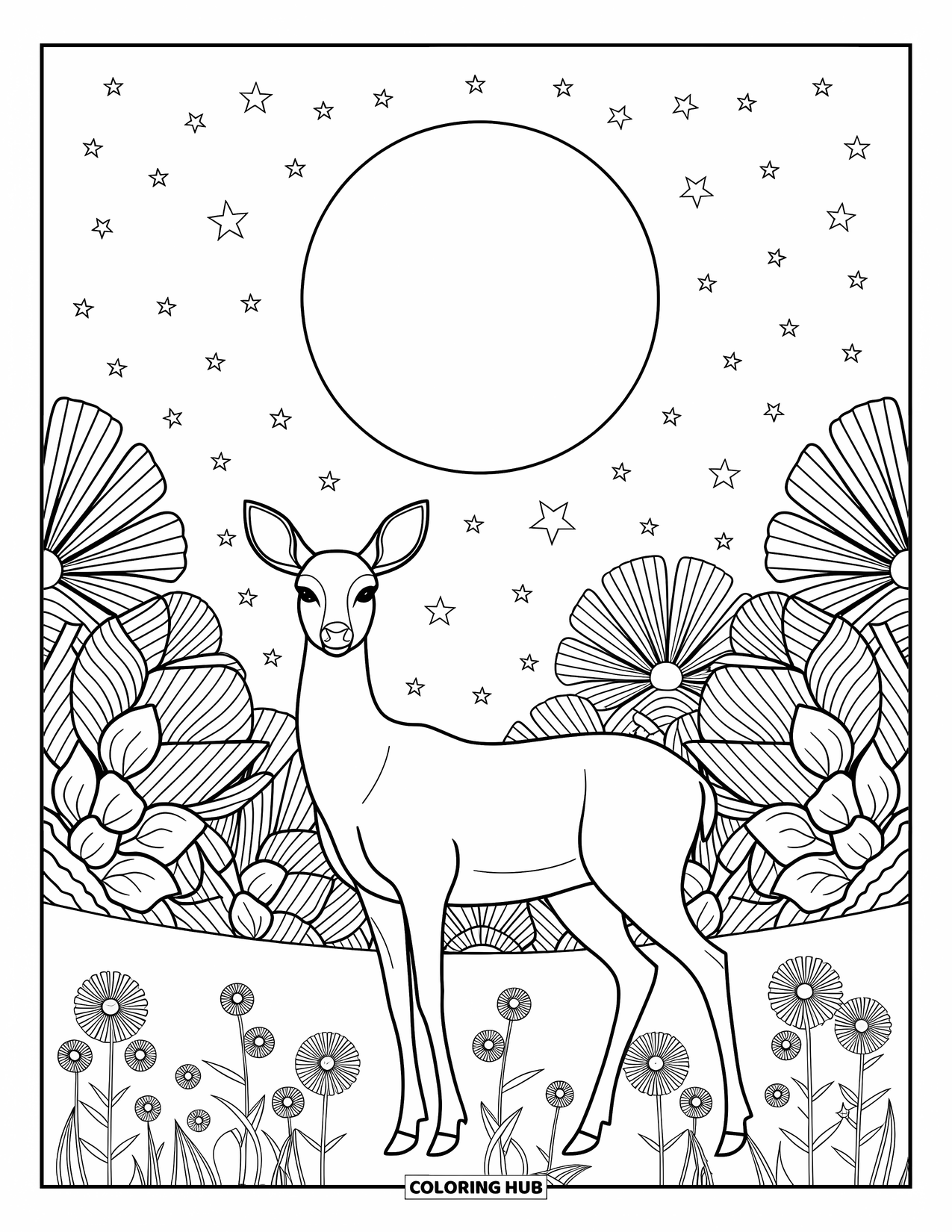 Stress Relief Coloring Page for Kids: Full moonlight shines on a deer in a quiet flower field