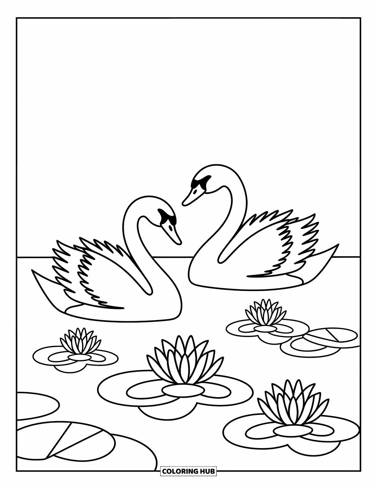 Stress Relief Coloring Page for Kids: Graceful swans drift on a still pond filled with lilies