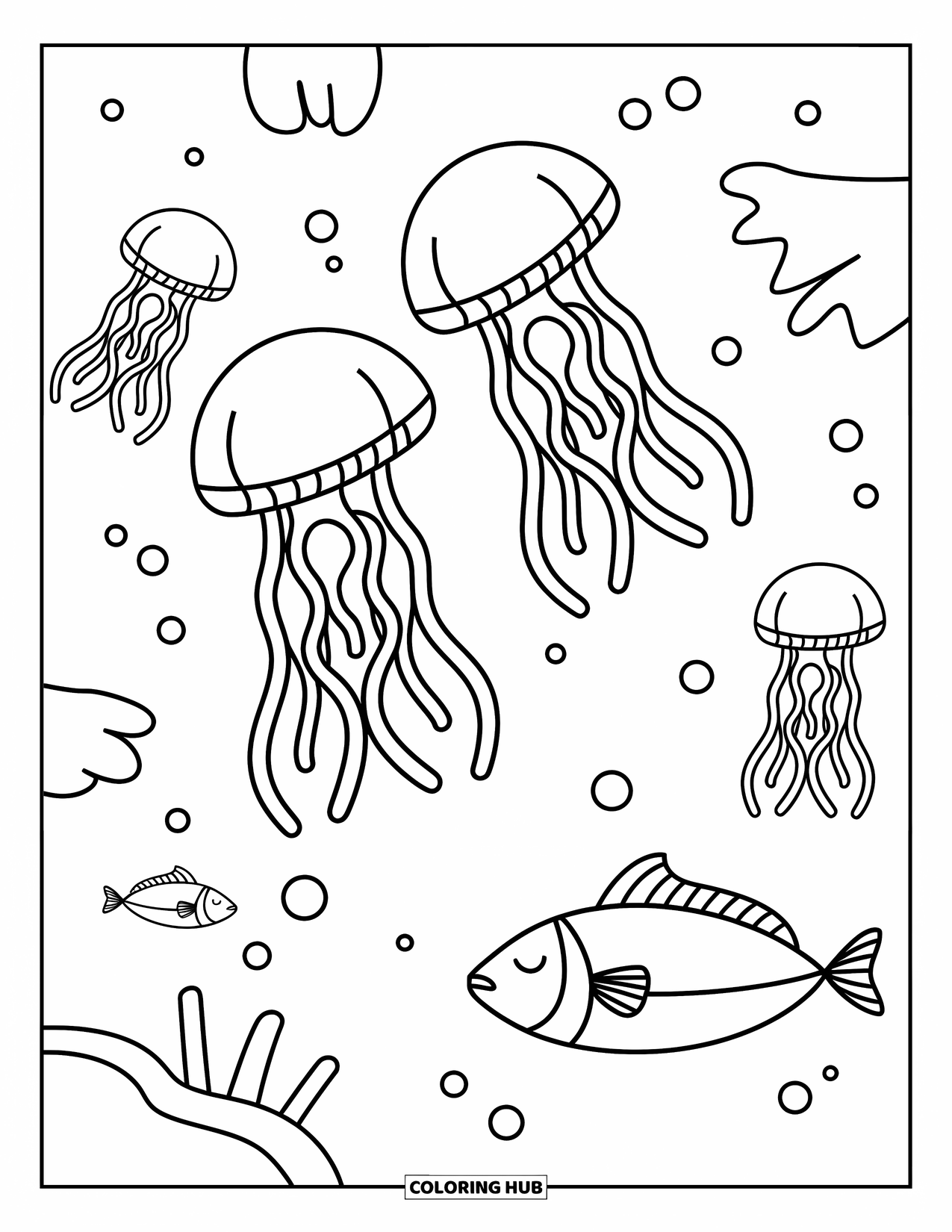 Stress Relief Coloring Page for Kids: Jellyfish drift above sleepy fish in a cozy underwater world