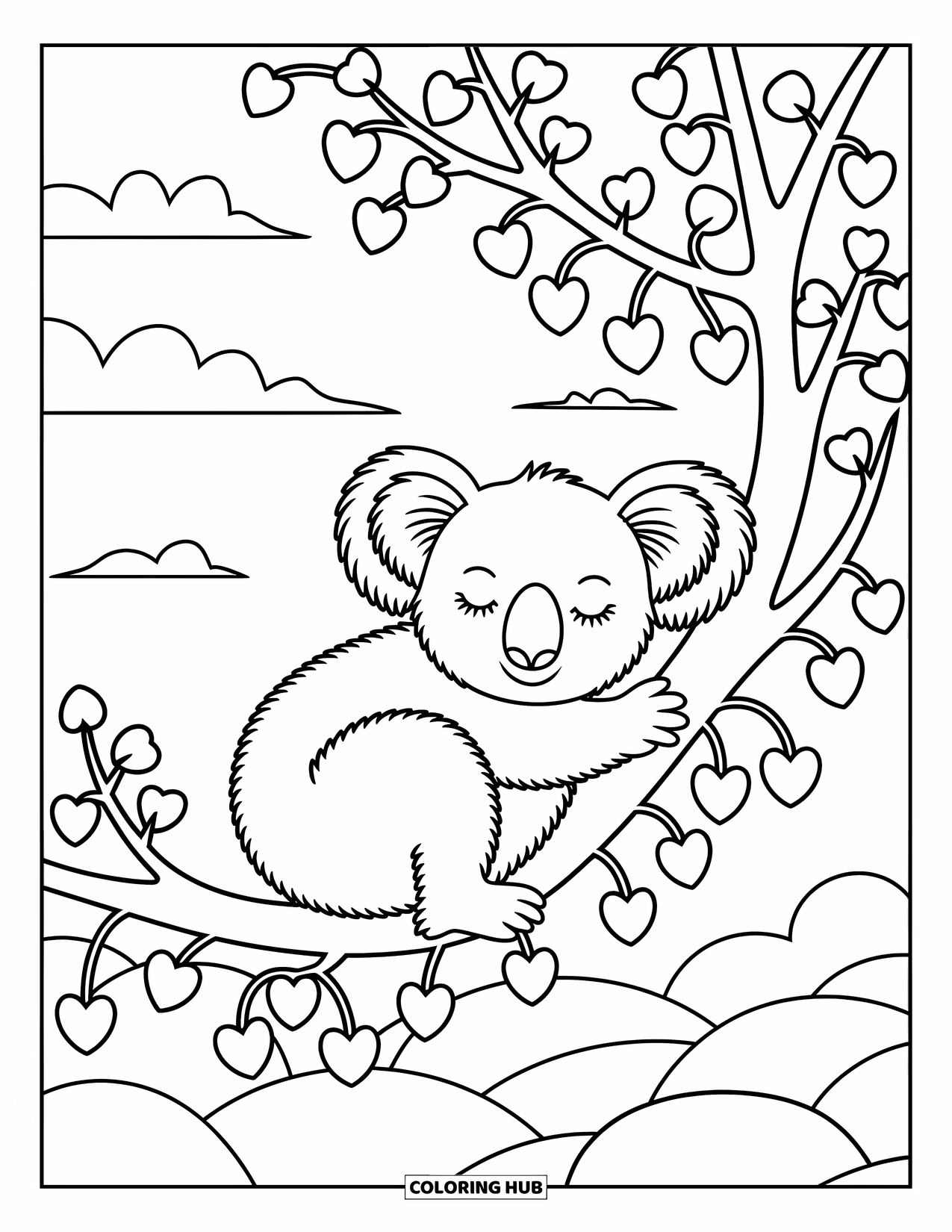 Stress Relief Coloring Page for Kids: Koala naps under soft clouds on a leafy tree branch