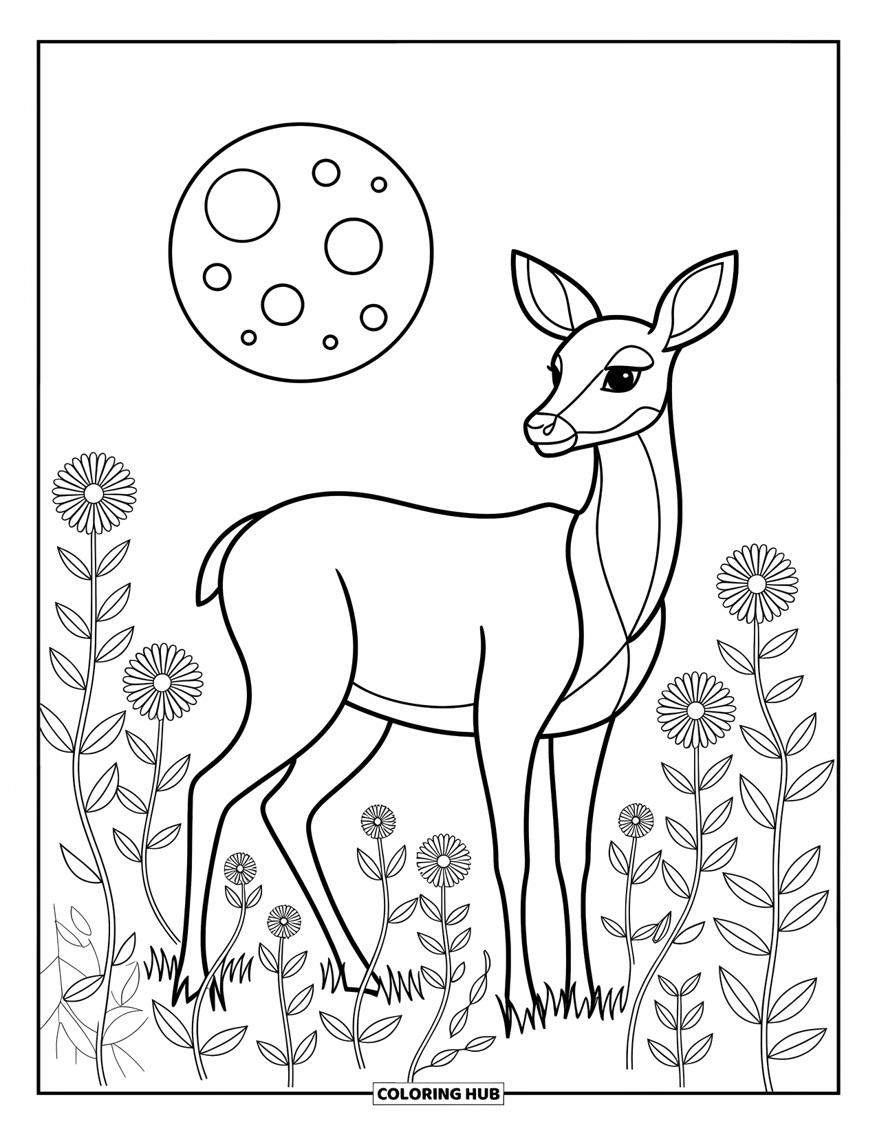 Stress Relief Coloring Page for Kids: Moonlight bathes a deer and wildflowers in soft glow
