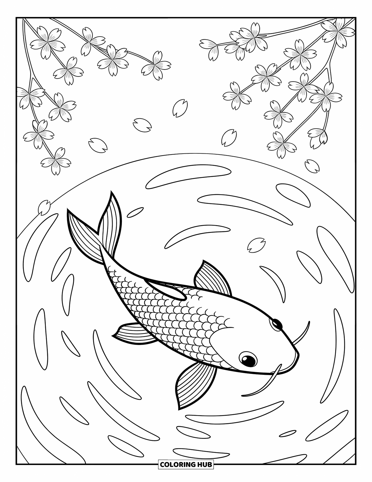 Stress Relief Coloring Page for Kids: Sakura petals fall on ripples in a koi-filled pond
