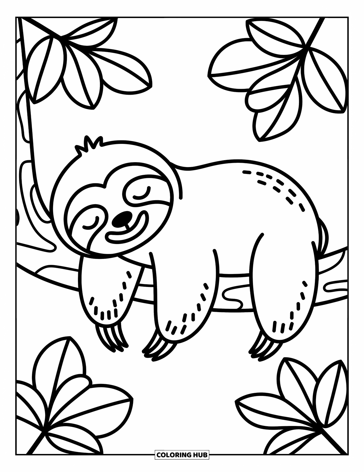 Stress Relief Coloring Page for Kids: Sloth naps sweetly on a tree branch surrounded by big, cozy leaves