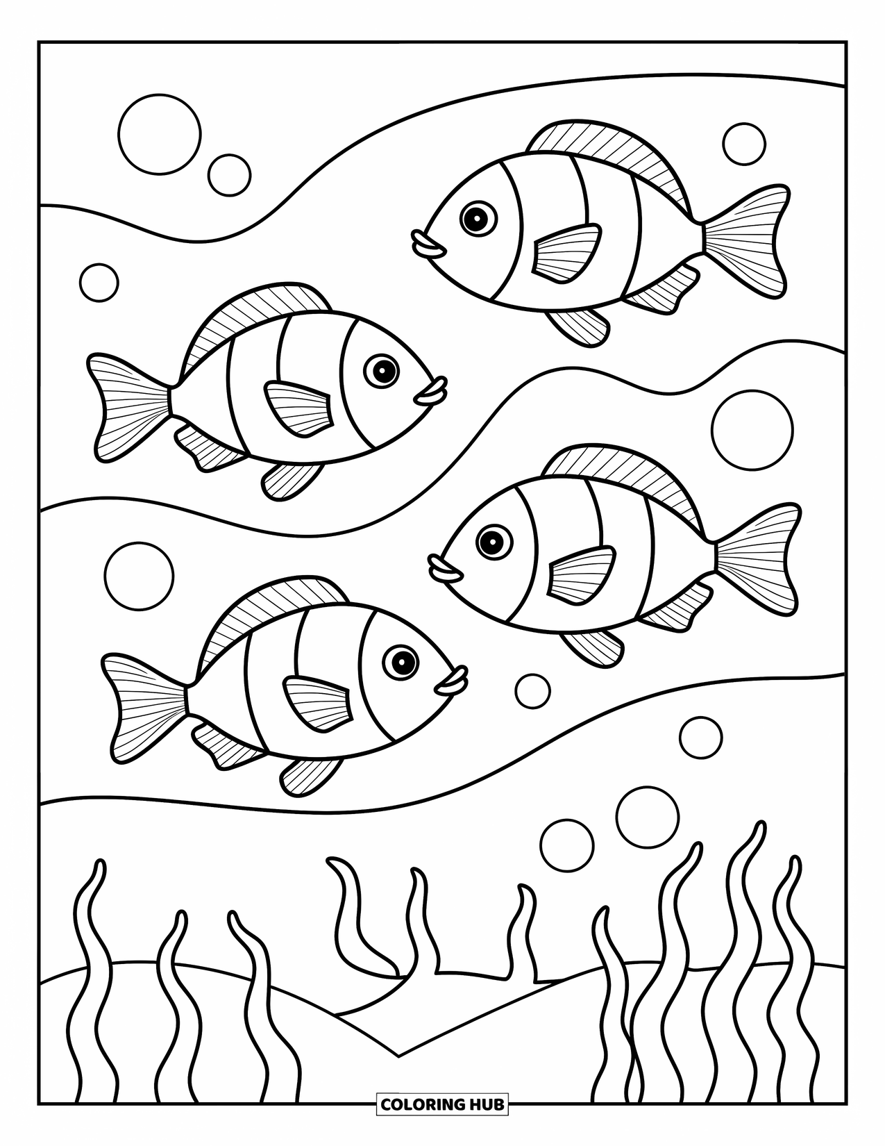 Stress Relief Coloring Page for Kids: Smiling fish swim gently in simple waves with floating bubbles