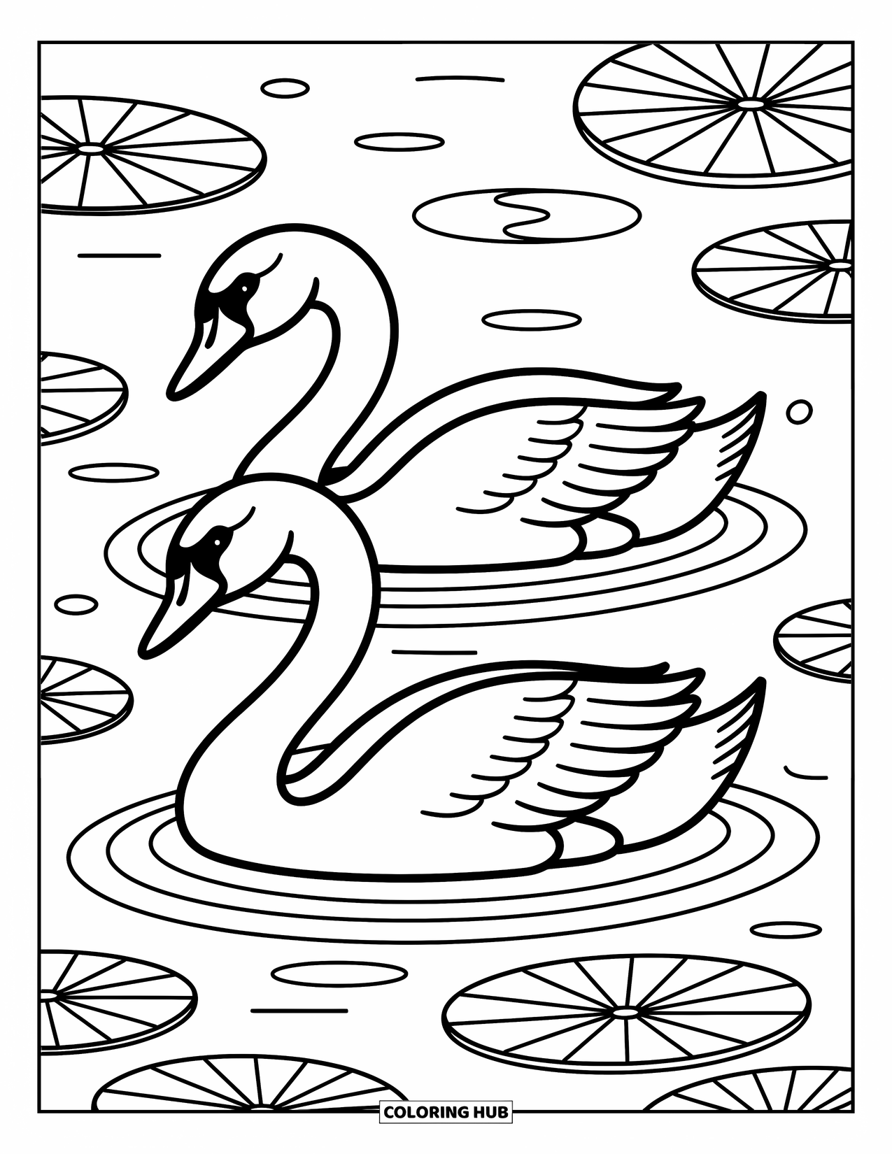 Stress Relief Coloring Page for Kids: Swans glide gently among lily pads in a calm pond