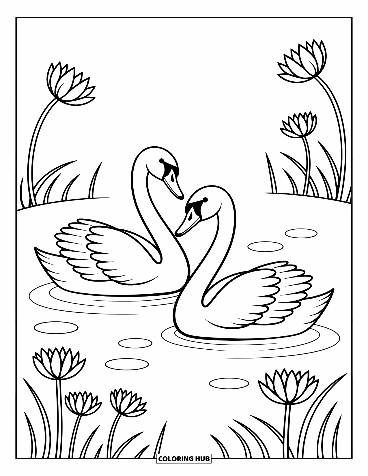 Stress Relief Coloring Page for Kids: Two swans float on a lily-covered pond in quiet harmony