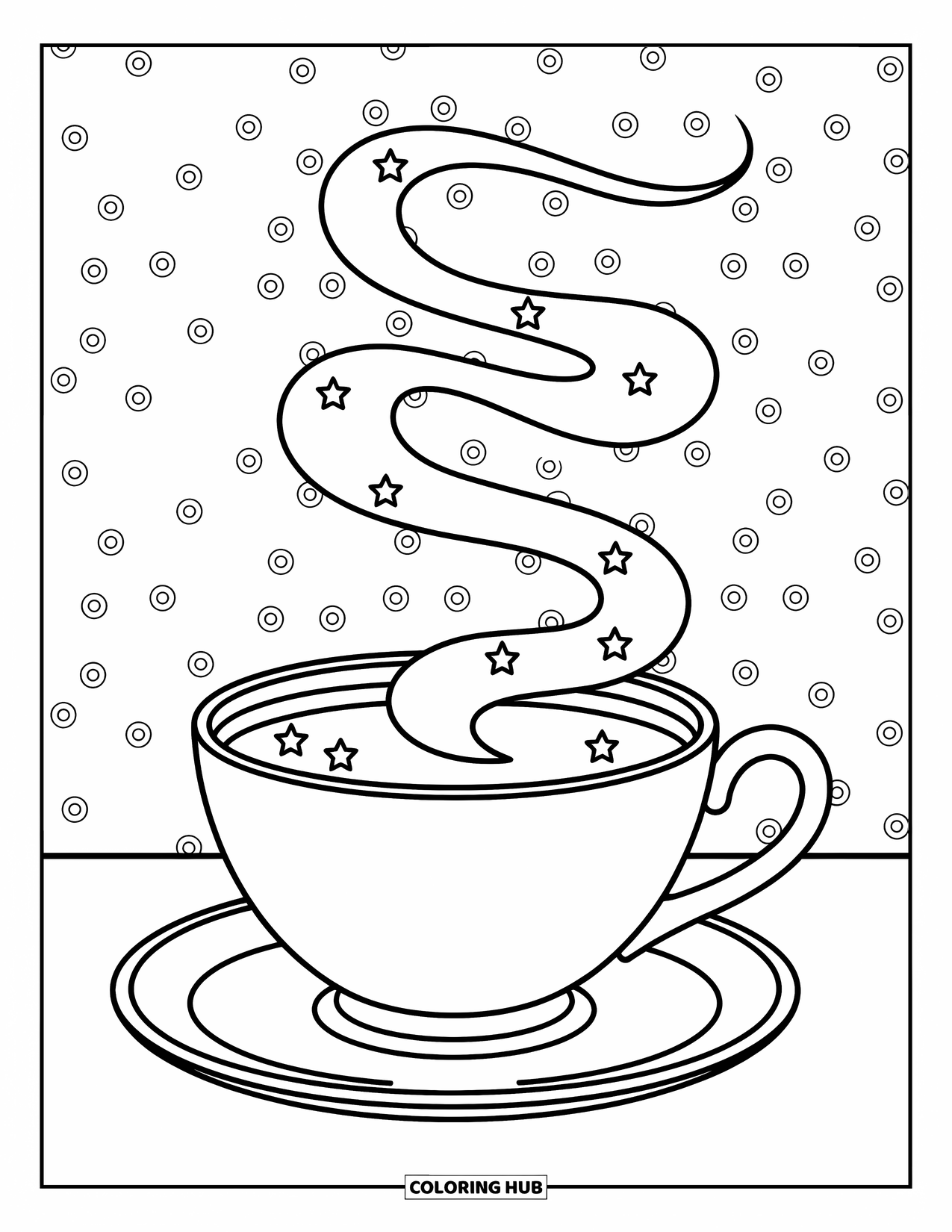 Stress Relief Coloring Page for Kids: Warm steam swirls from a teacup filled with starlit coziness
