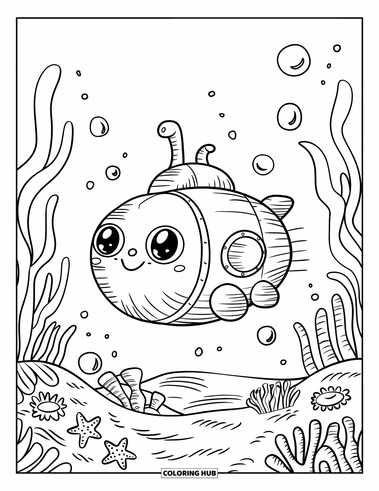 Submarine Coloring Page for Adults: A cheerful submarine glides over seaweed with starfish, coral, and tiny sea creatures