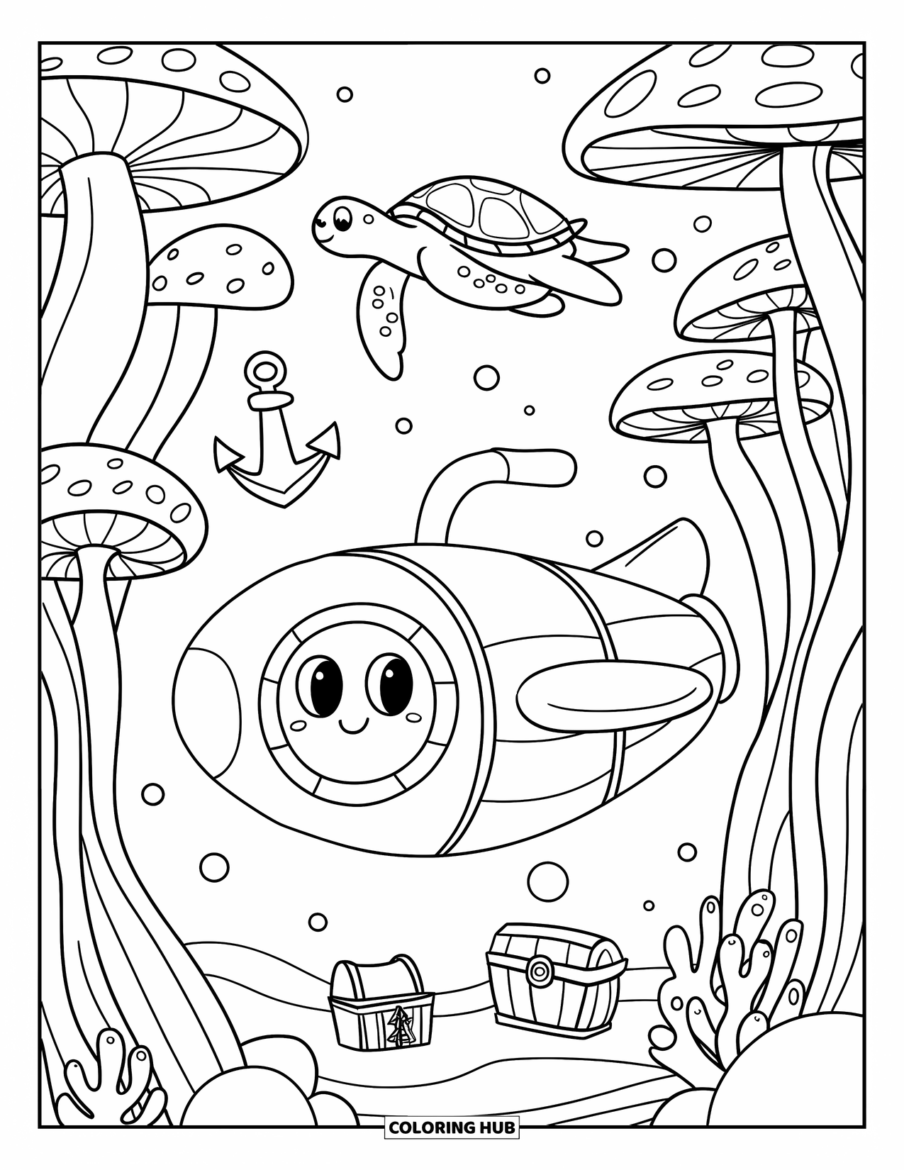 Submarine Coloring Page for Adults: A cheerful submarine with a big window floats under coral as a turtle glides above