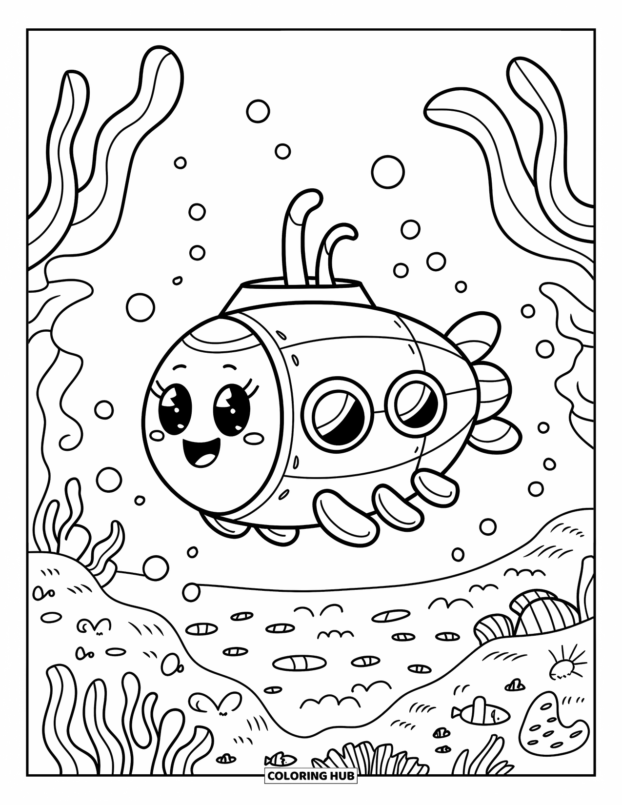 Submarine Coloring Page for Adults: A chubby submarine floats above sea rocks with bubbles, seaweed, and marine creatures