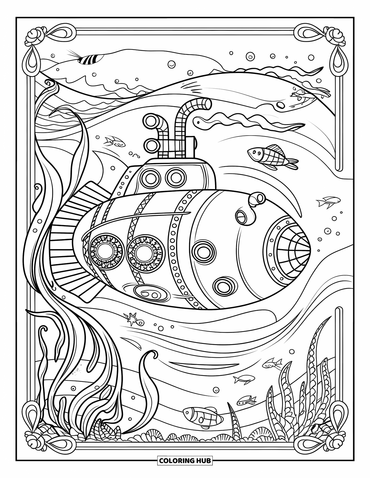 Submarine Coloring Page for Adults: A detailed vintage submarine floats near kelp, waves, fish, and a sea turtle