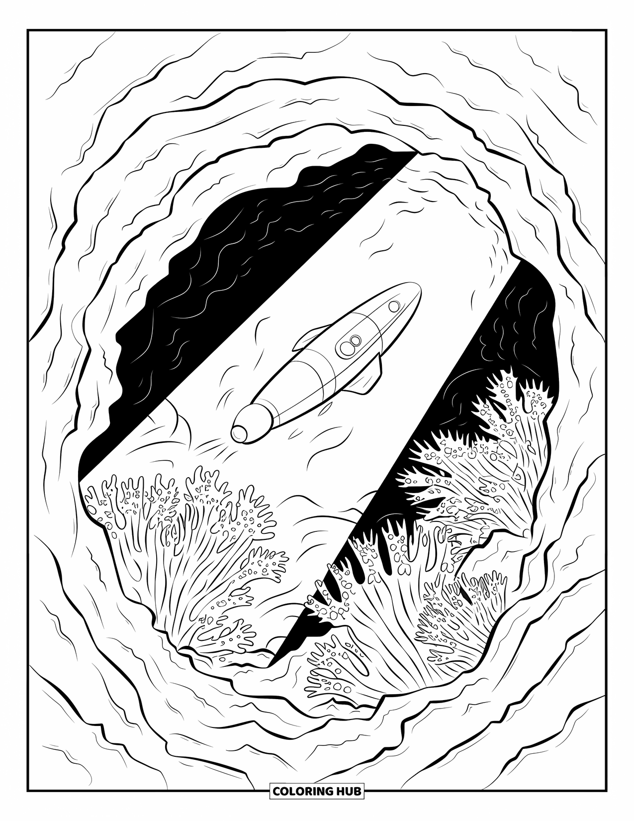 Submarine Coloring Page for Adults: A research submarine lights up sharp corals inside a rocky underwater cave