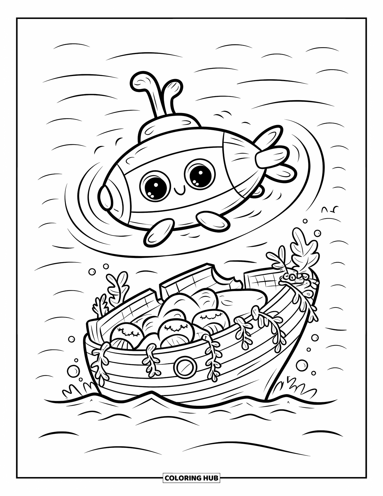 Submarine Coloring Page for Adults: A round submarine spins near a shipwreck with seaweed vines and sleepy starfish