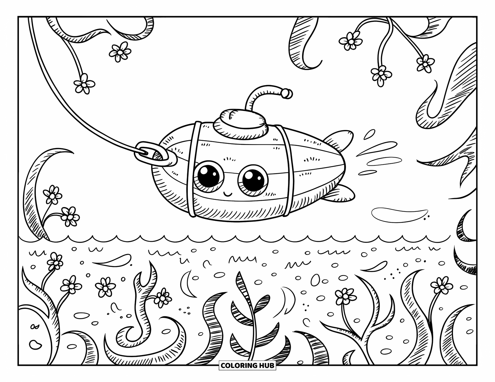 Submarine Coloring Page for Adults: A small submarine floats gently with seaweed vines and flower details around it