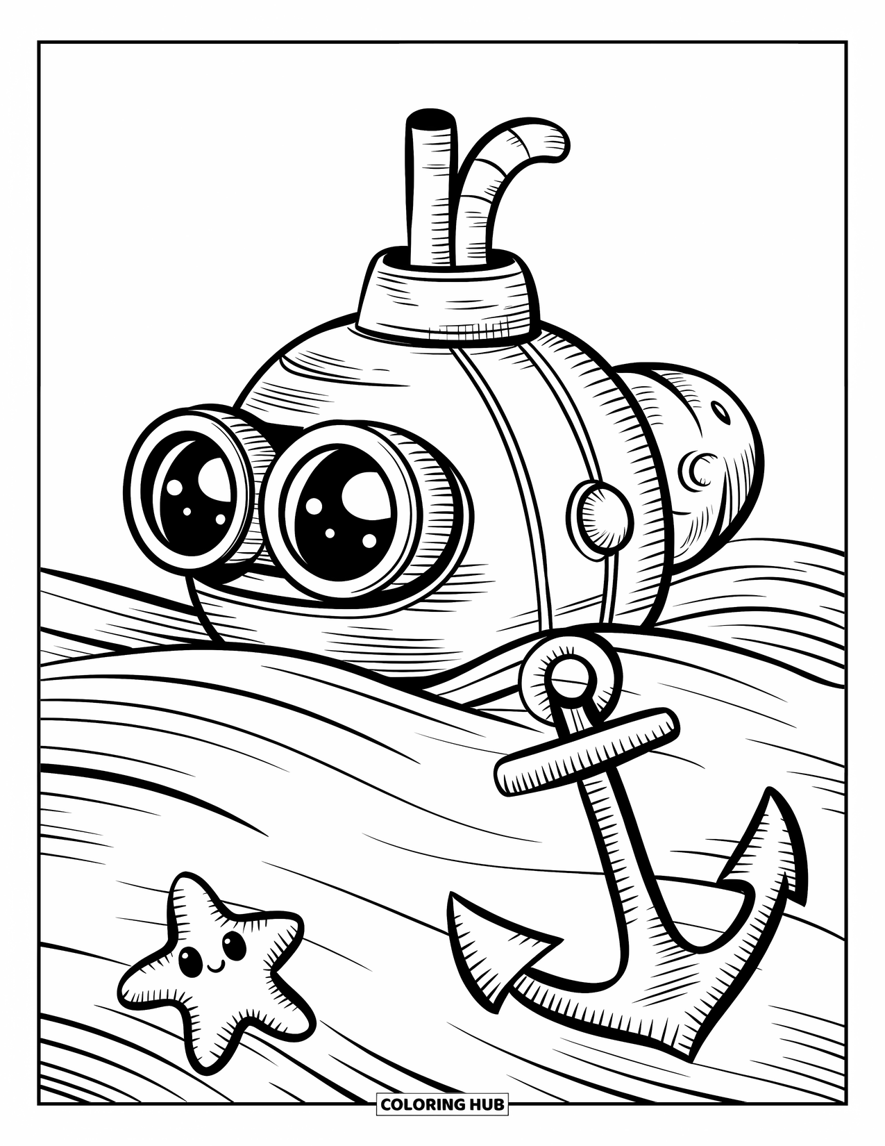 Submarine Coloring Page for Adults: A submarine with a cat-shaped periscope peeks near starfish on a floating anchor