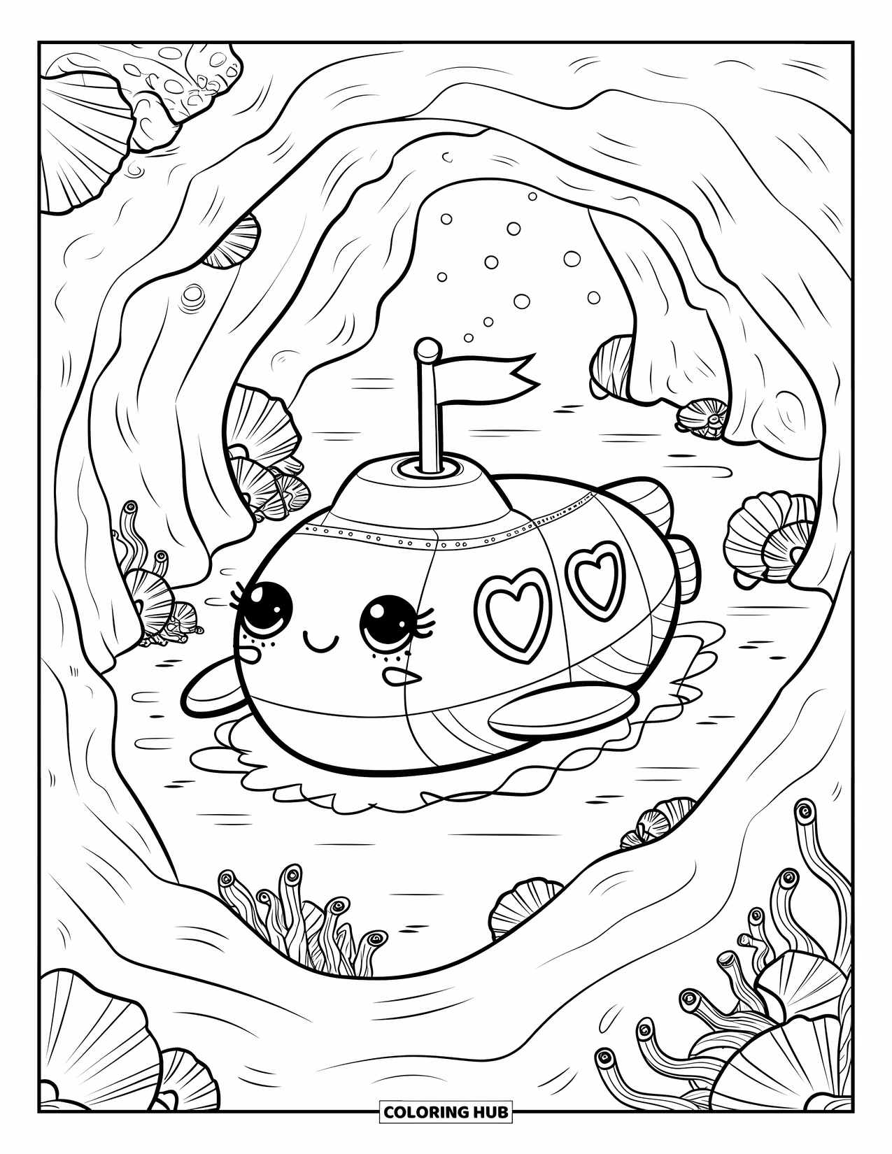 Submarine Coloring Page for Adults: A submarine with heart windows and a flag glides through a cave filled with seashells