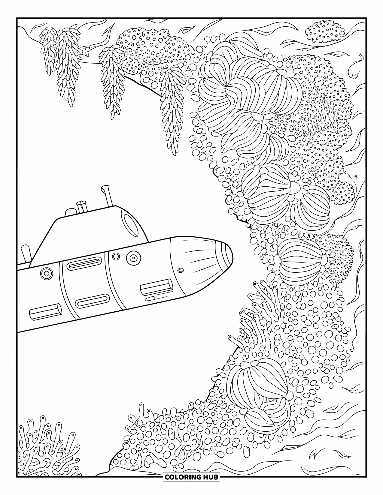 Submarine Coloring Page for Adults: A submarine with large windows floats by coral blooms and dense anemones