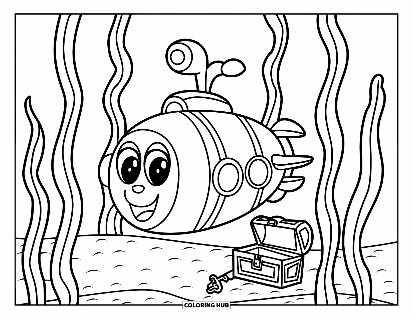 Submarine Coloring Page for Kids: A cheerful submarine with fish nearby drifts above seaweed and a chest with a key
