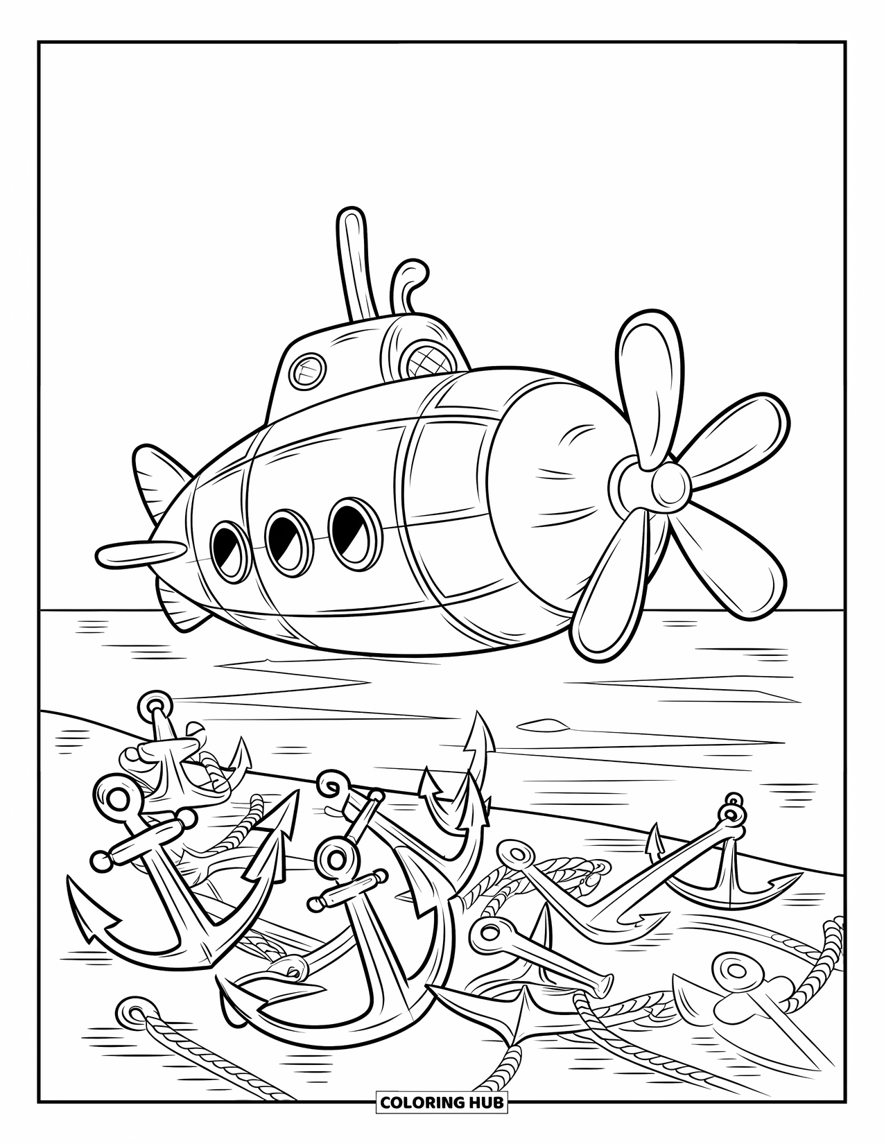Submarine Coloring Page for Kids: A conical submarine drifts above nautical relics and scattered anchors underwater