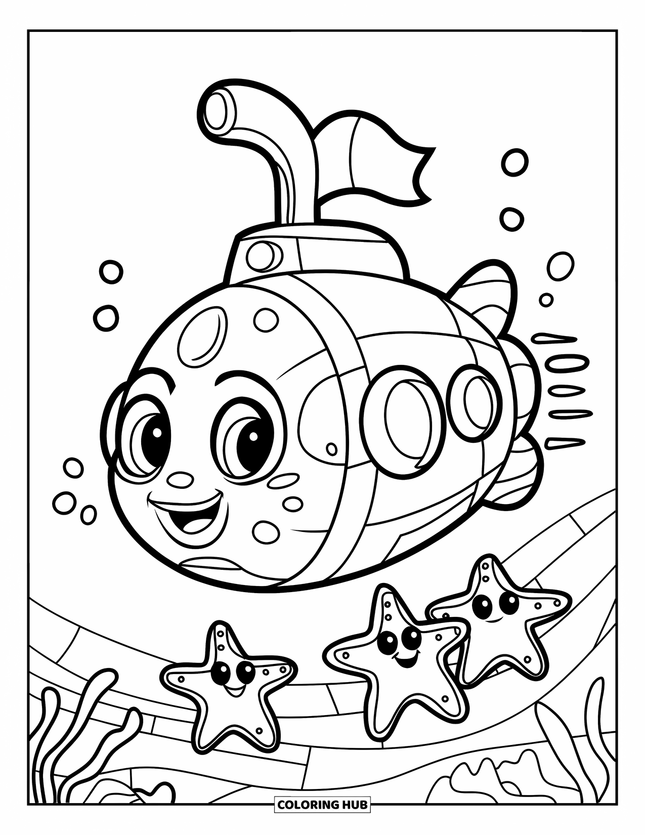 Submarine Coloring Page for Kids: A cute submarine with a flag floats past starfish while bubbles rise from its side