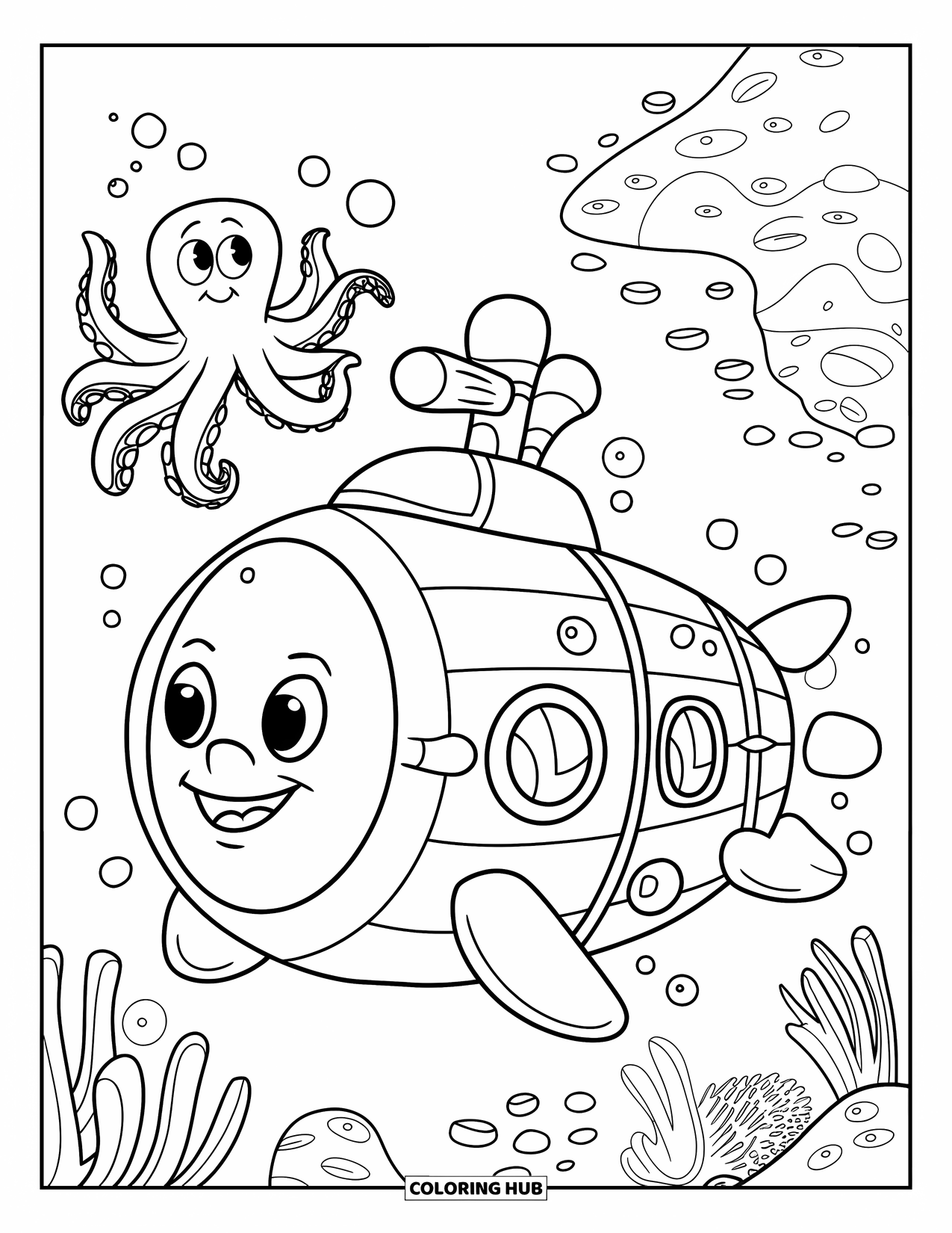 Submarine Coloring Page for Kids: A friendly submarine and octopus hover near coral with sea creatures all around