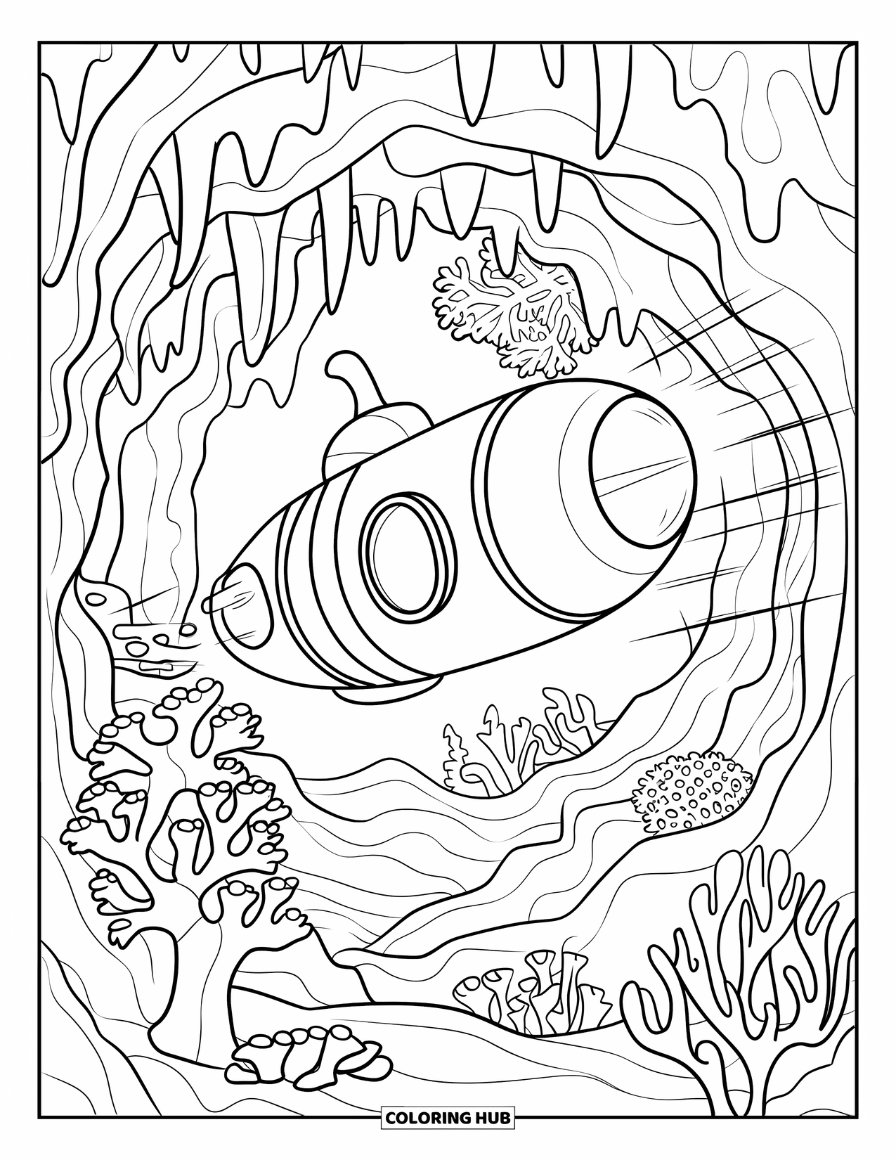 Submarine Coloring Page for Kids: A large-windowed submarine lights up strange coral shapes inside a dark cave