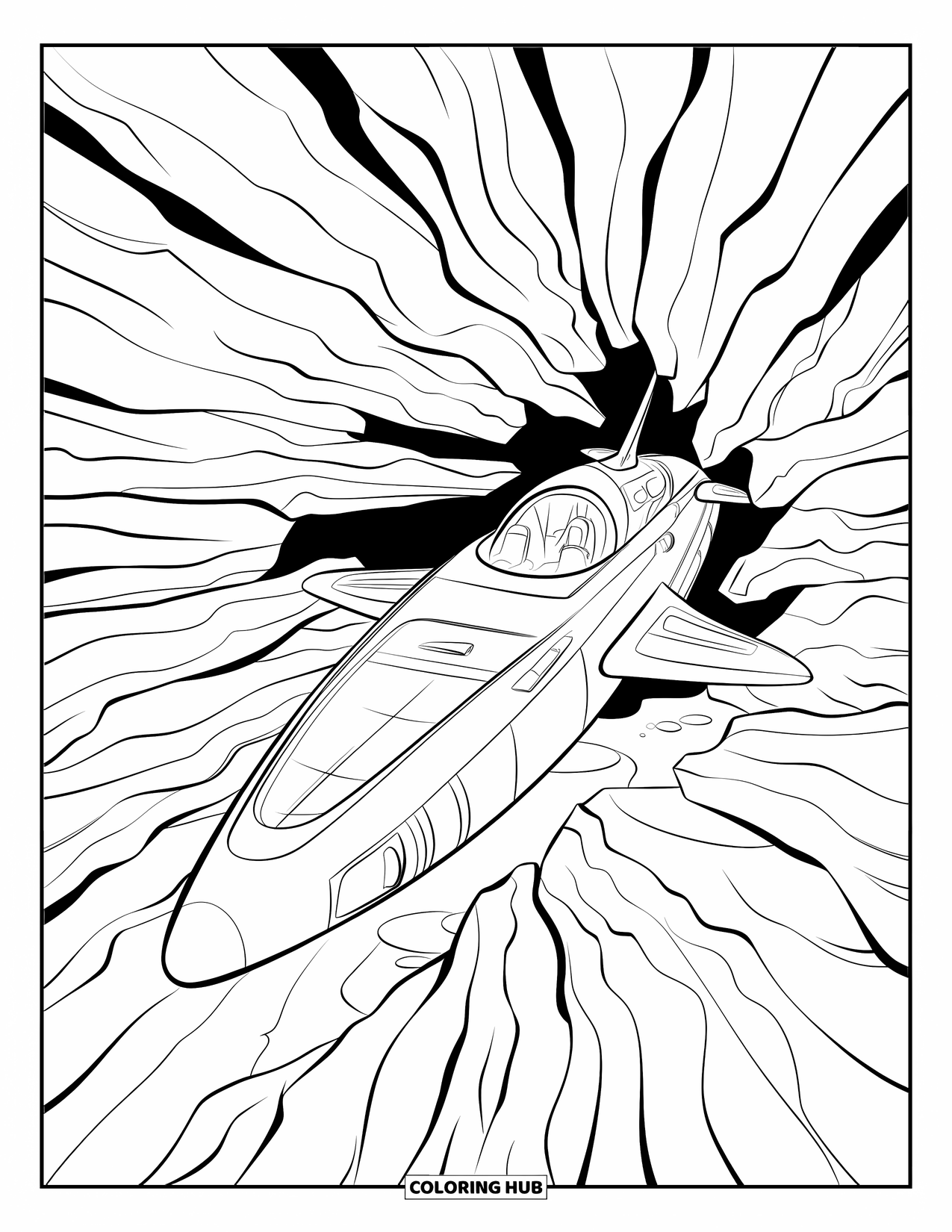 Submarine Coloring Page for Kids: A modern submarine with a round window slips through mysterious underwater cave rocks