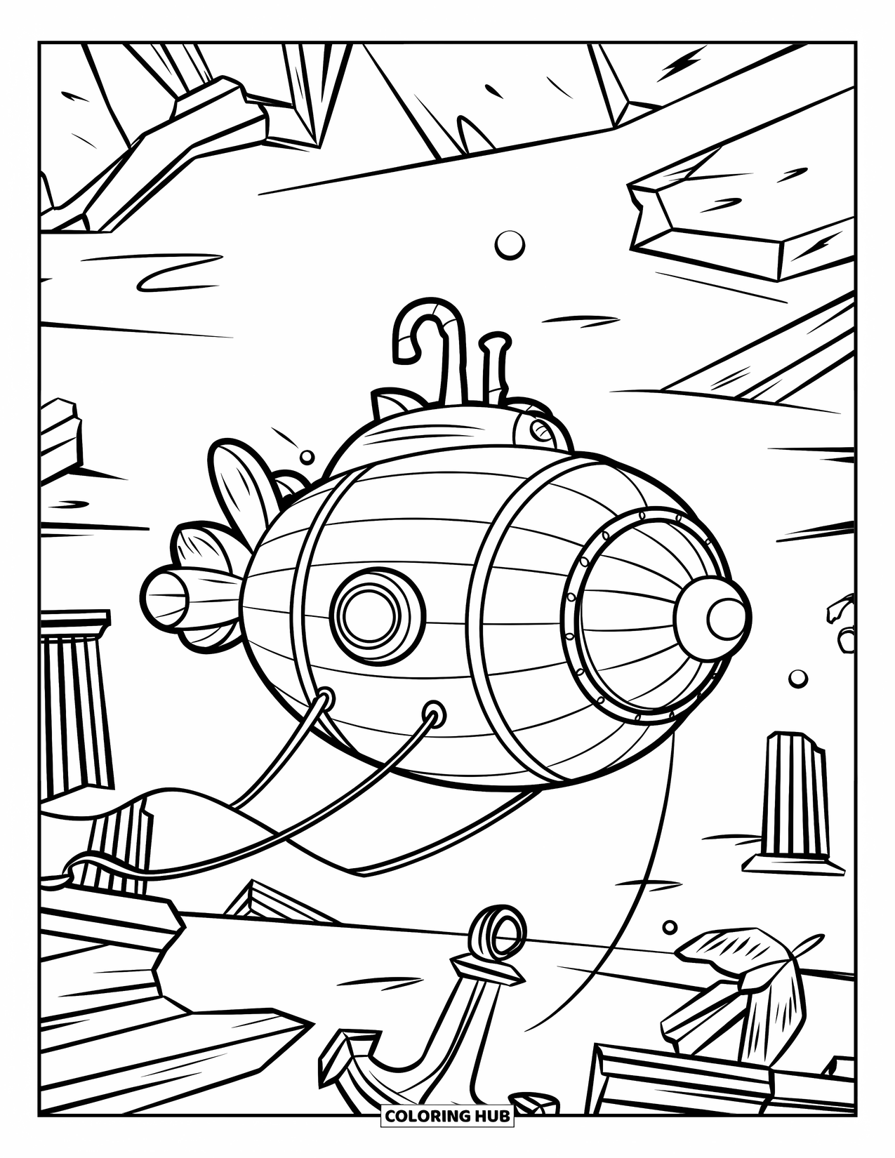 Submarine Coloring Page for Kids: A round-windowed submarine floats above ancient anchors and broken columns