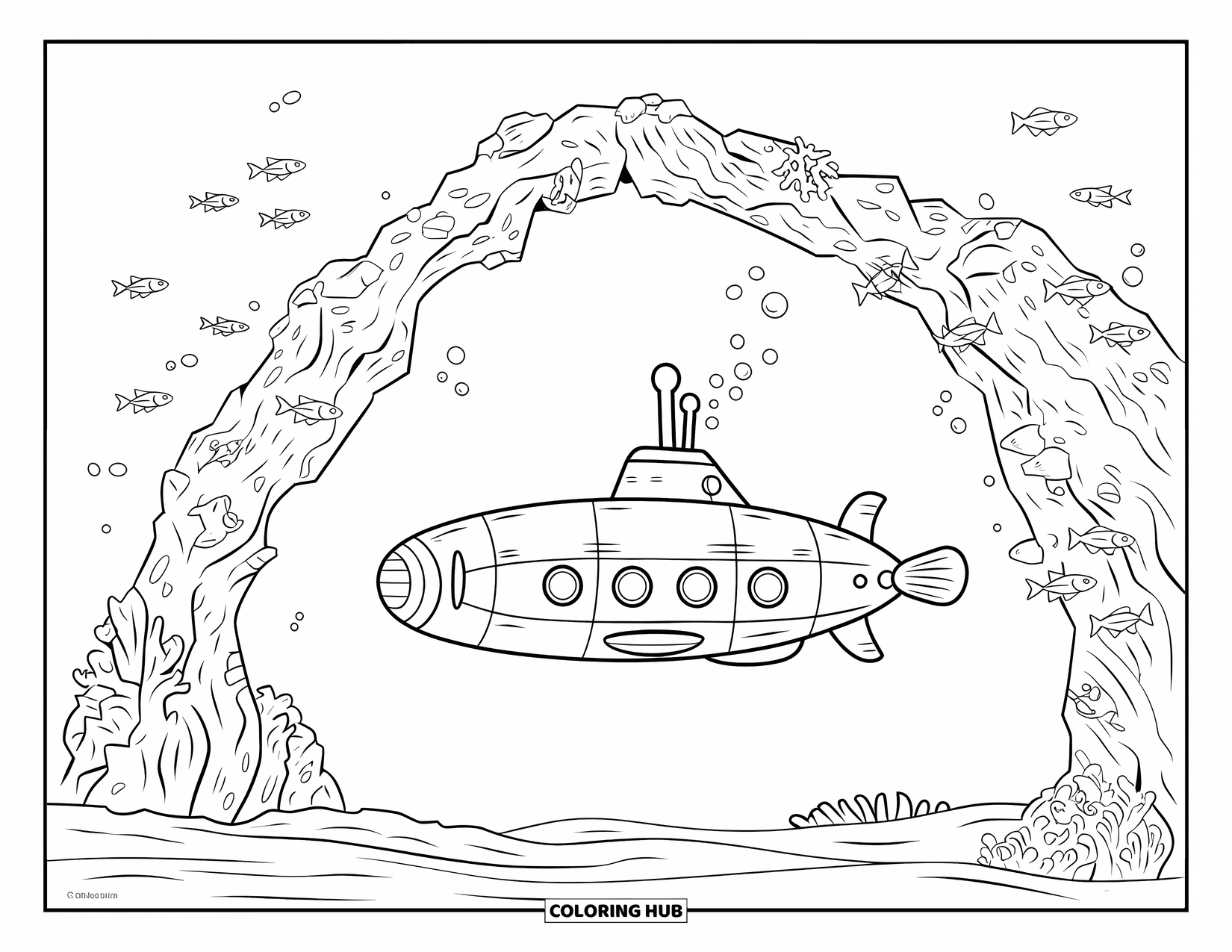 Submarine Coloring Page for Kids: A silver submarine floats under a rough coral arch with fish and rising bubbles