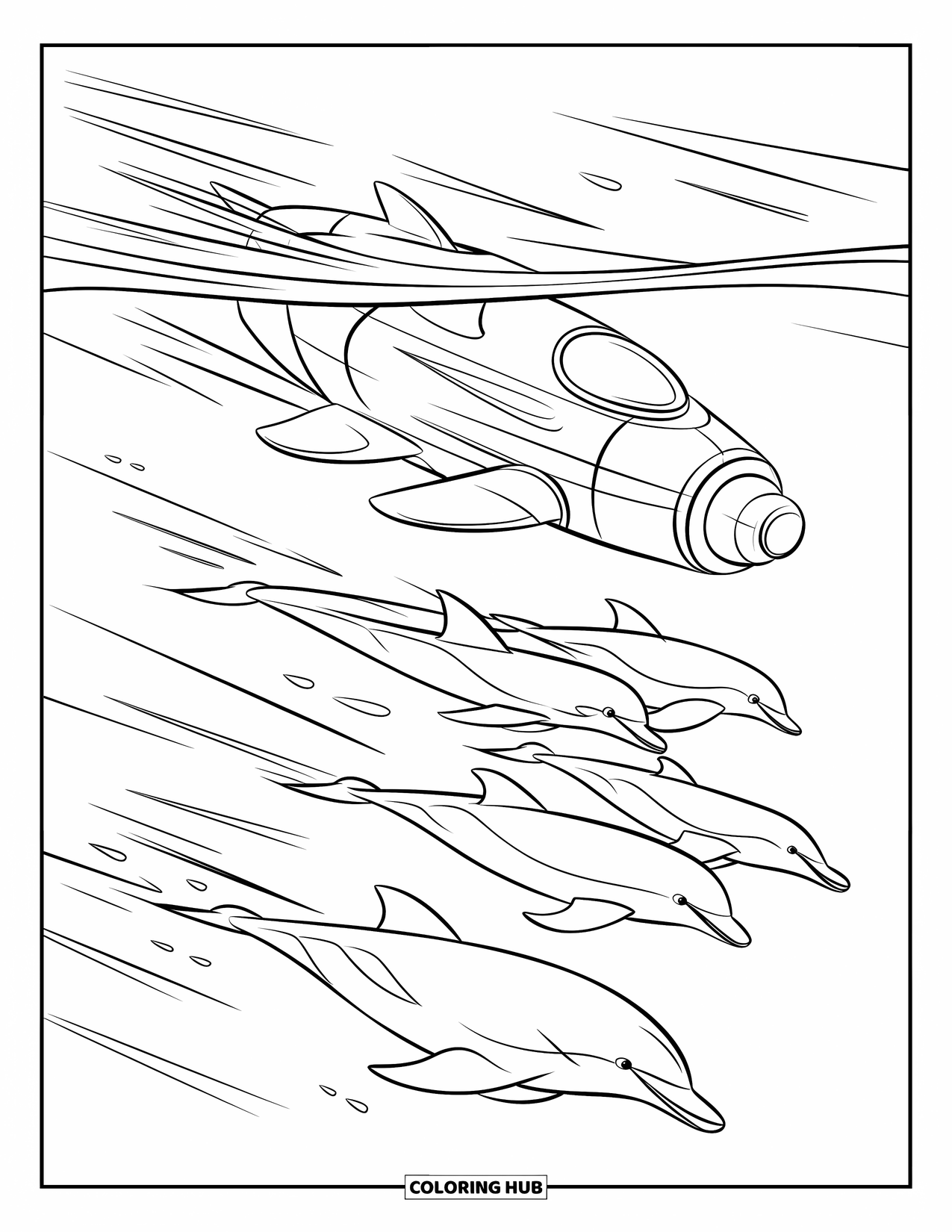 Submarine Coloring Page for Kids: A sleek submarine with a propeller races dolphins through the open ocean