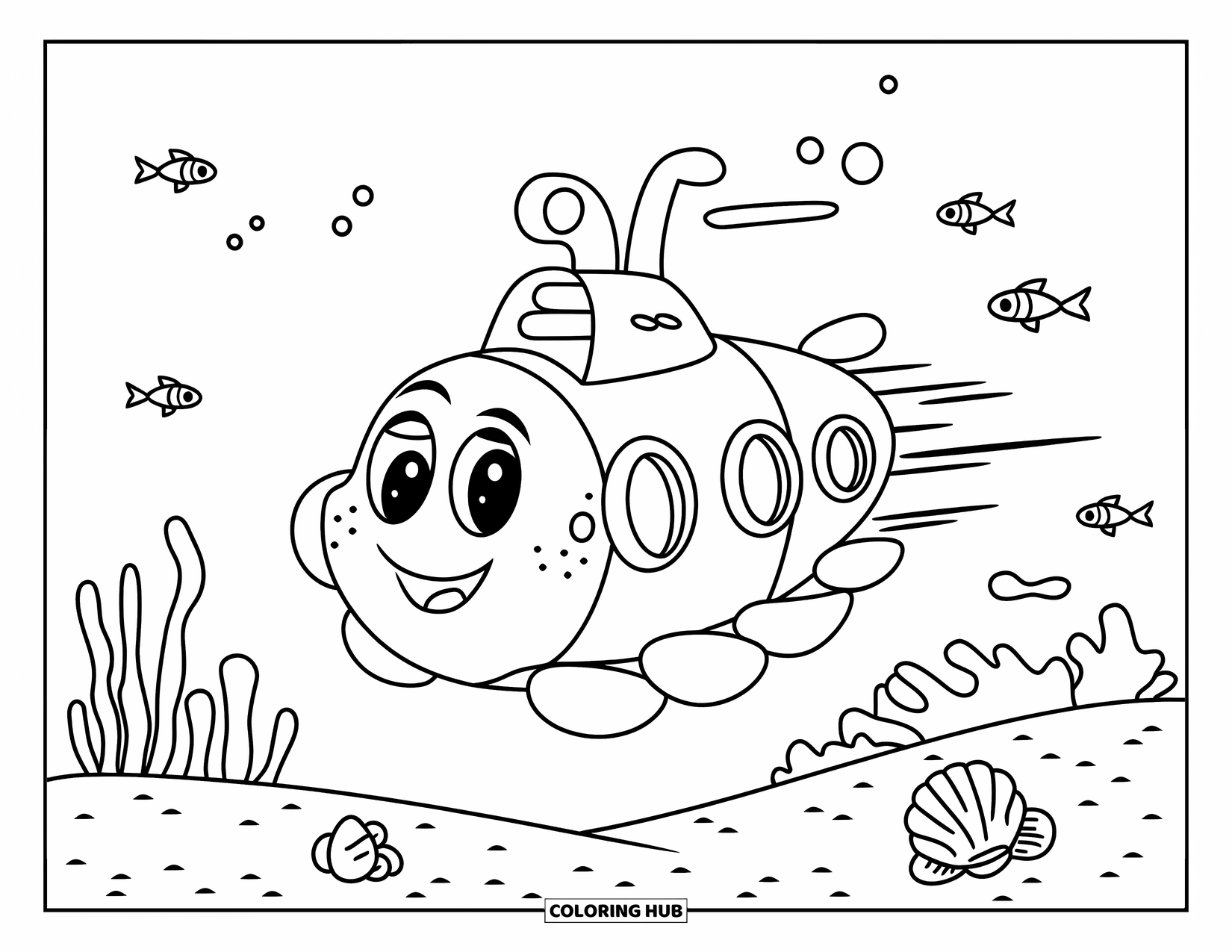 Submarine Coloring Page for Kids: A smiling submarine glides above the sandy seabed scattered with shells and fish