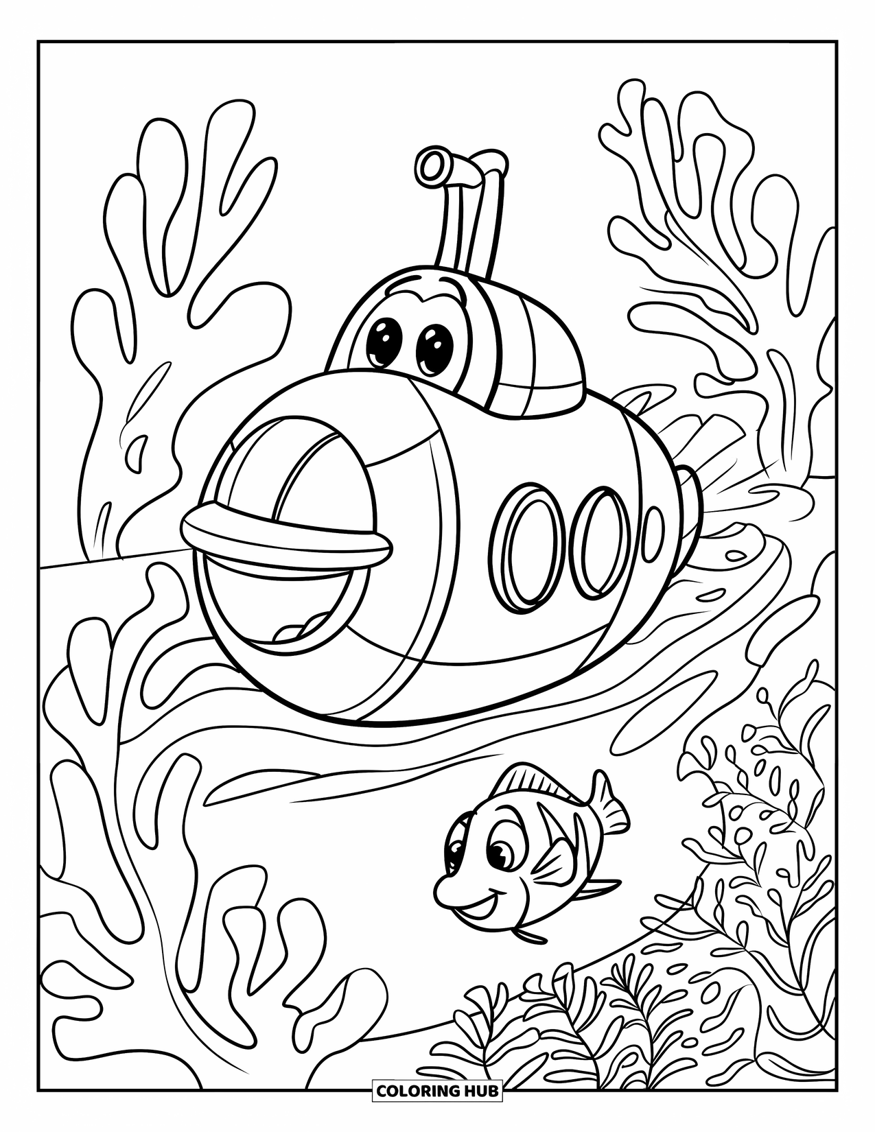 Submarine Coloring Page for Kids: A smiling submarine sails near tall seaweed and a grinning fish