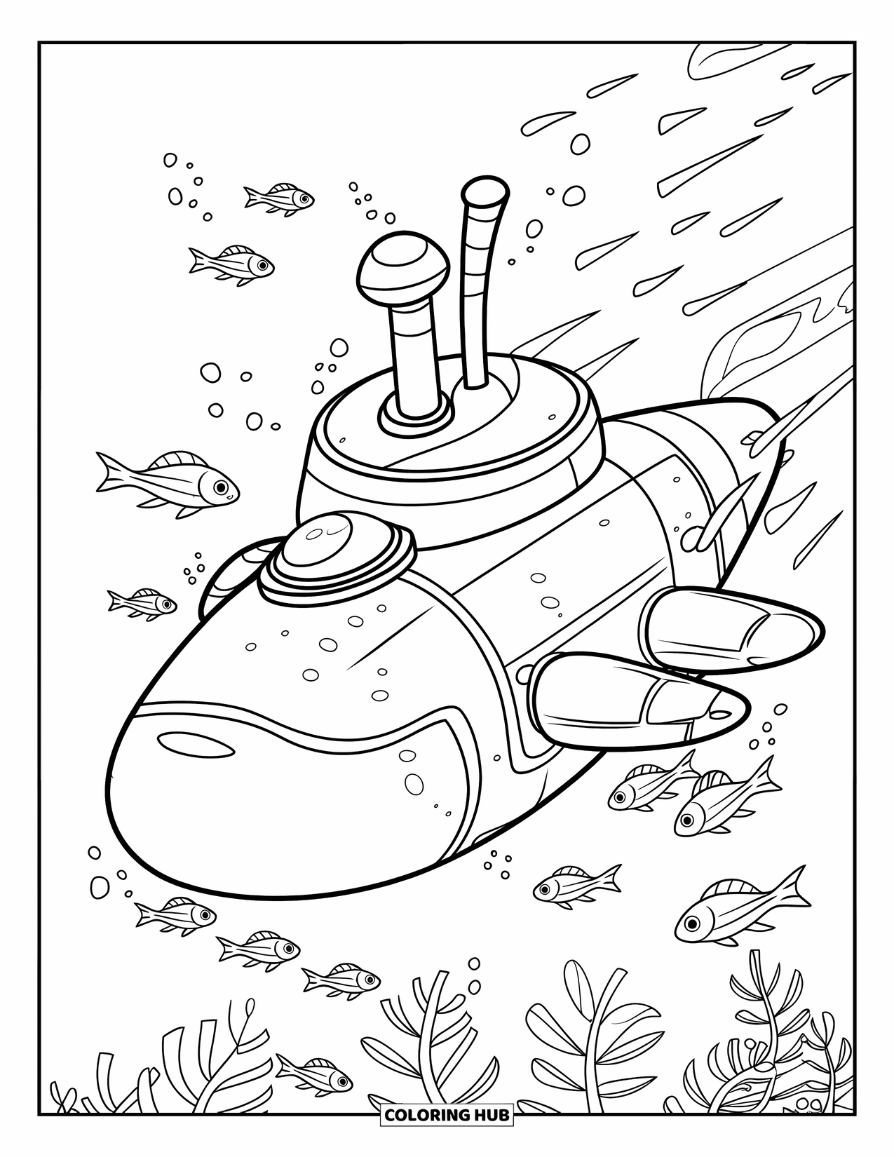 Submarine Coloring Page for Kids: A sonar-equipped submarine glides with fish in a calm underwater scene