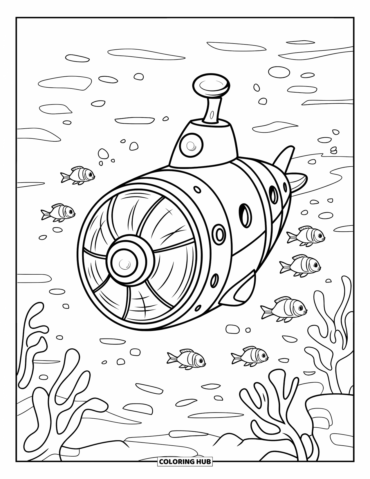 Submarine Coloring Page for Kids: A sonar submarine floats near soft coral while fish swim nearby