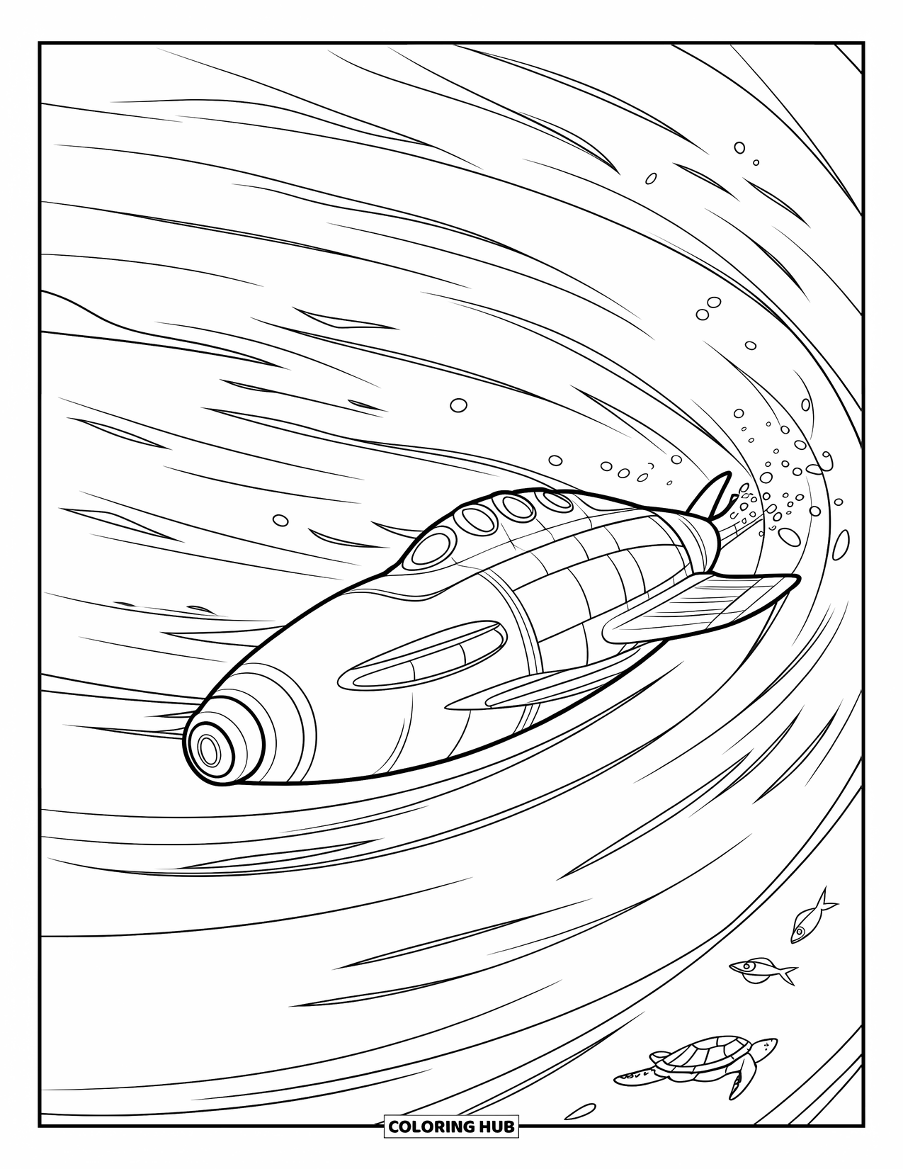 Submarine Coloring Page for Kids: A stylish submarine with large windows enters a trench with currents and sea creatures