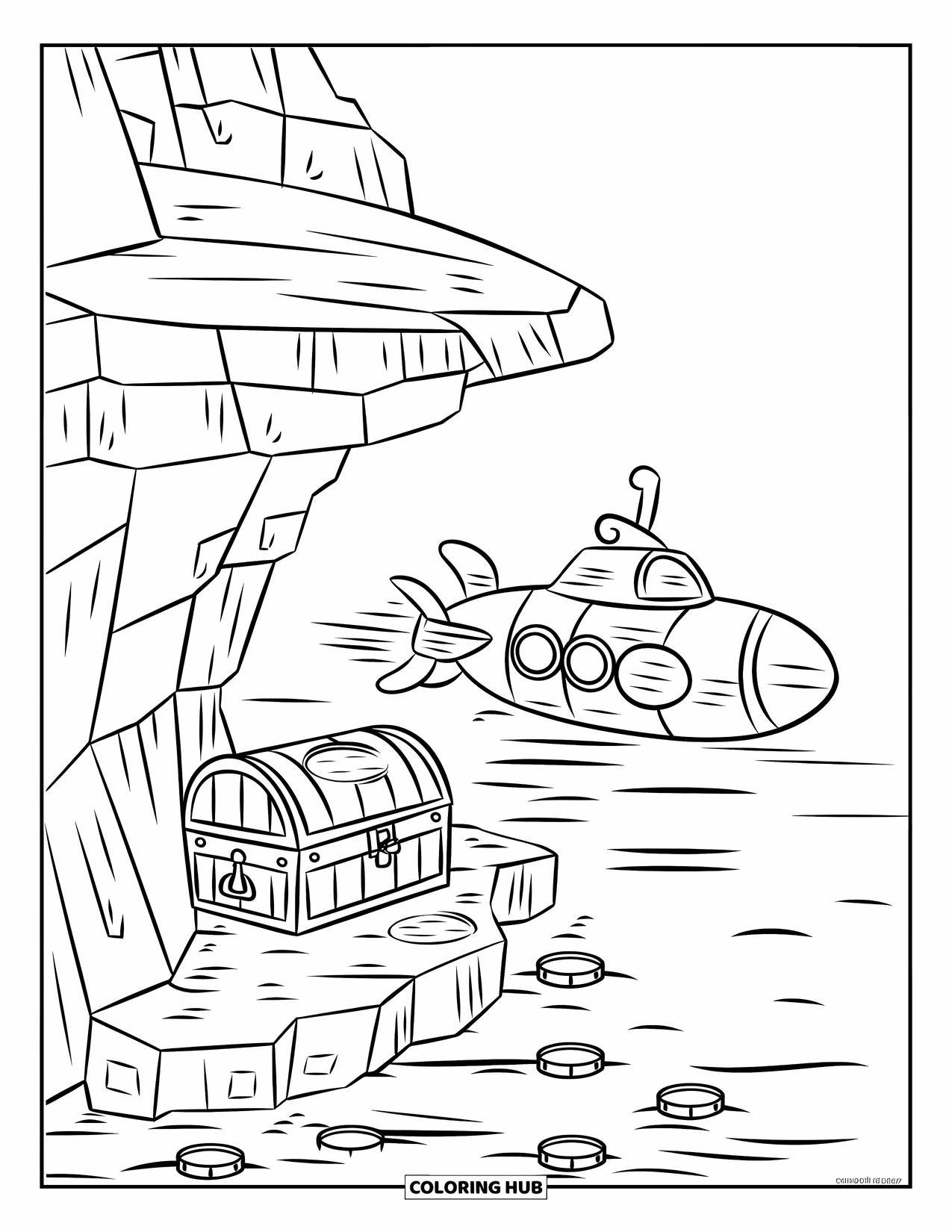 Submarine Coloring Page for Kids: A submarine parks near a rocky ledge hiding treasure and a chest beneath the sea