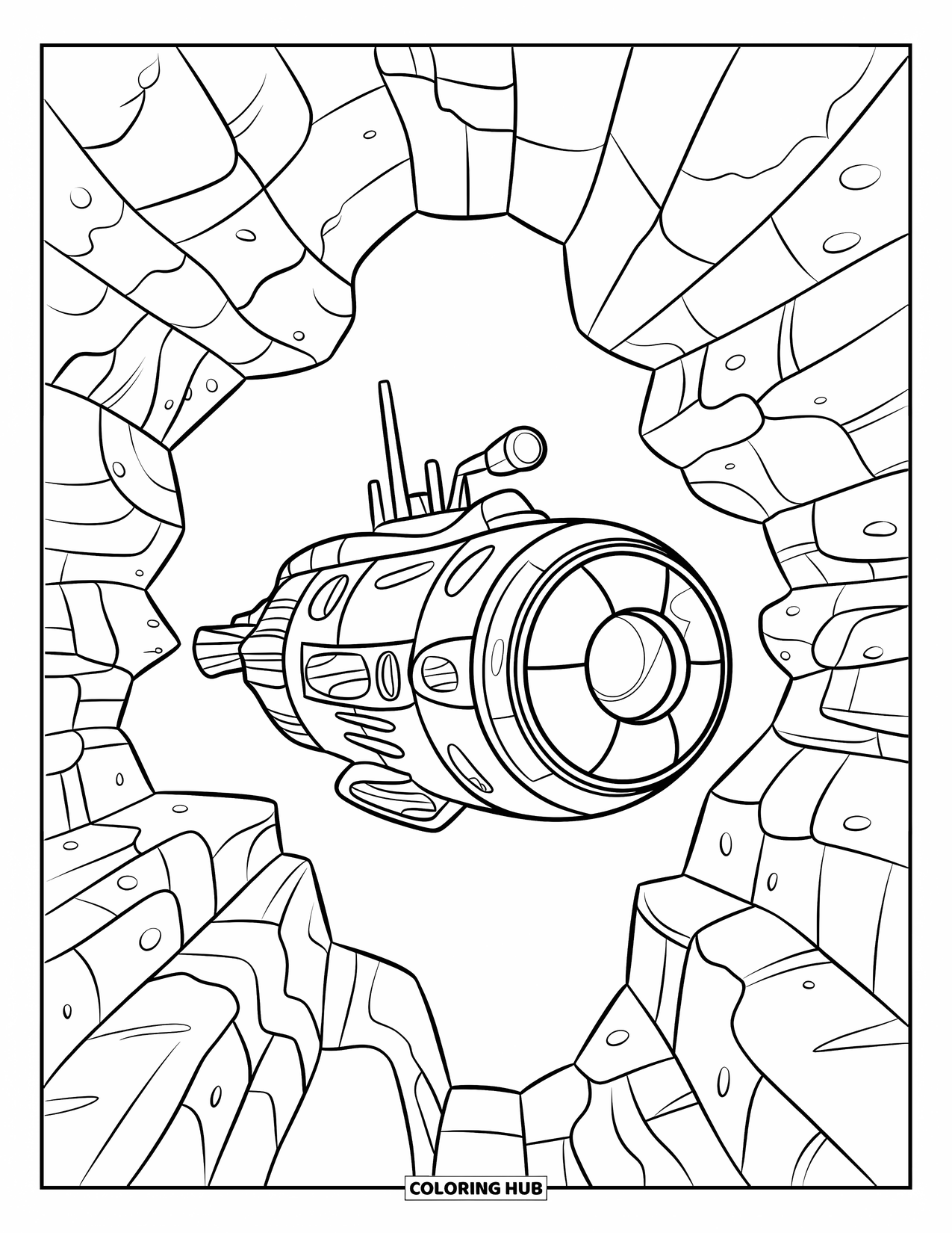 Submarine Coloring Page for Kids: A submarine with instruments and lights explores rocky paths in a dark ocean