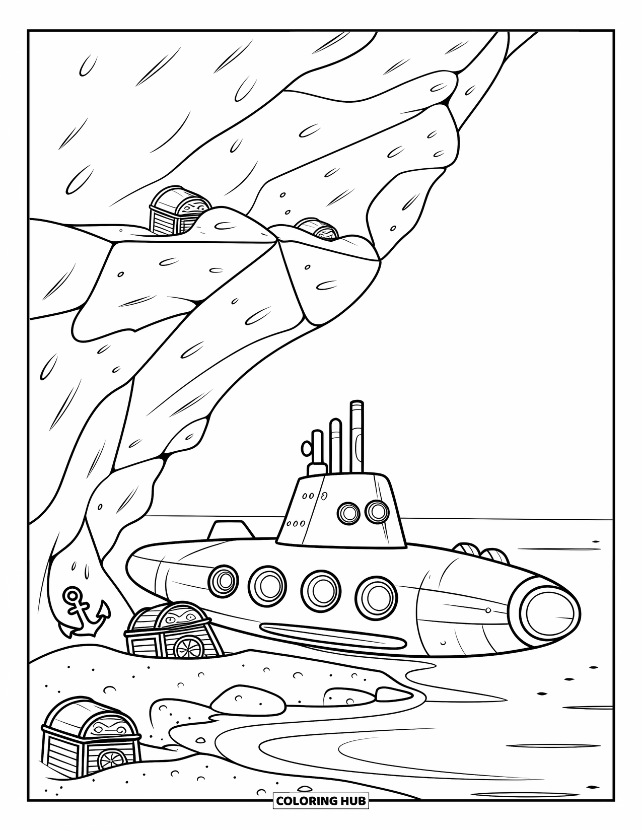 Submarine Coloring Page for Kids: A vintage submarine with portholes parks near boulders and buried treasure chests