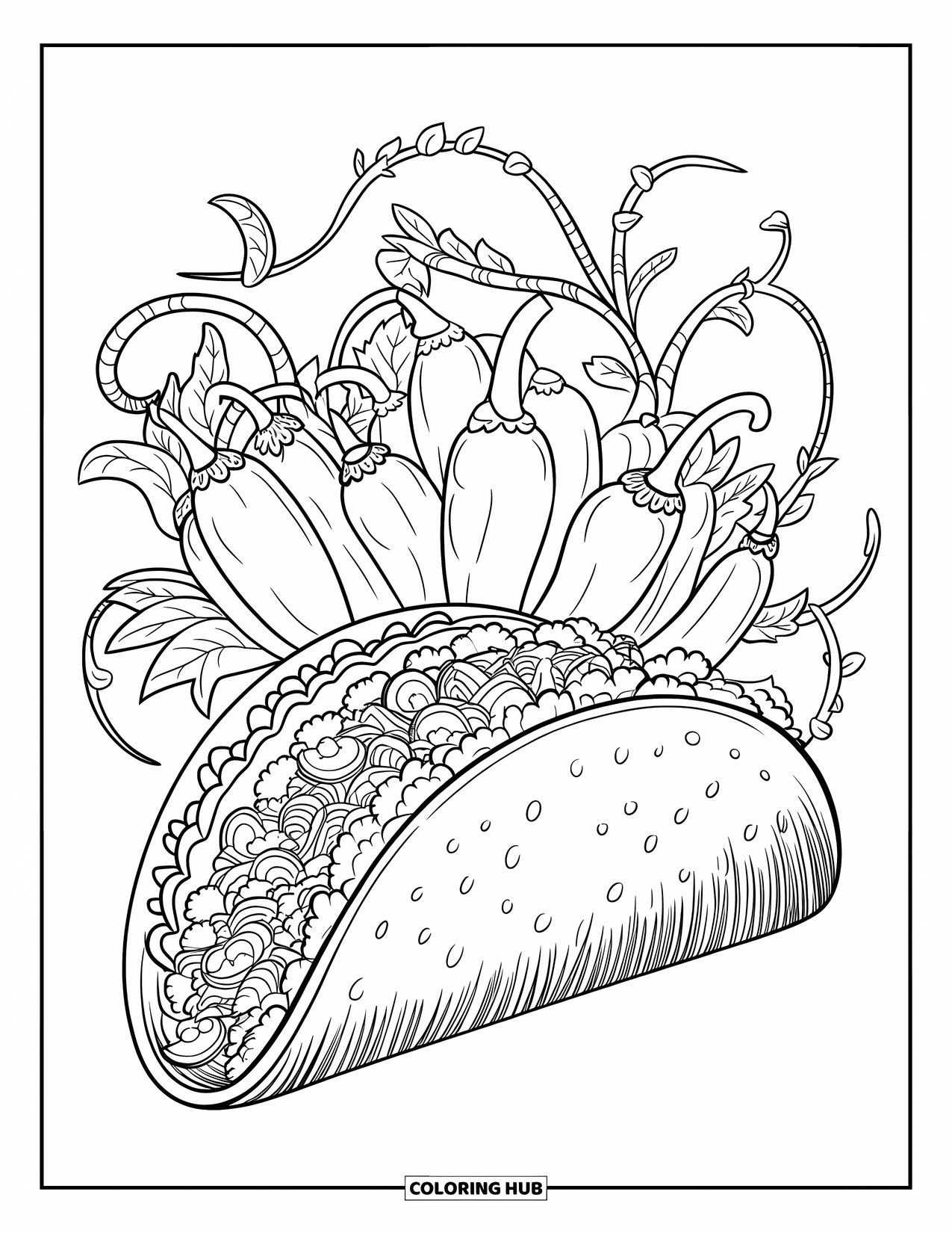 Taco Coloring Page for Adults: Corn taco with chili peppers and layered vines all around