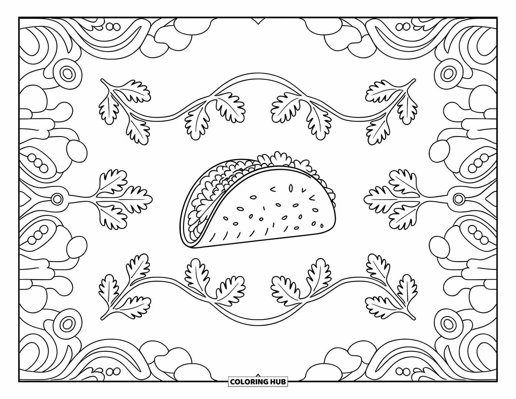 Taco Coloring Page for Adults: Crunchy taco framed by cilantro leaves and blossoms with artistic patterns around