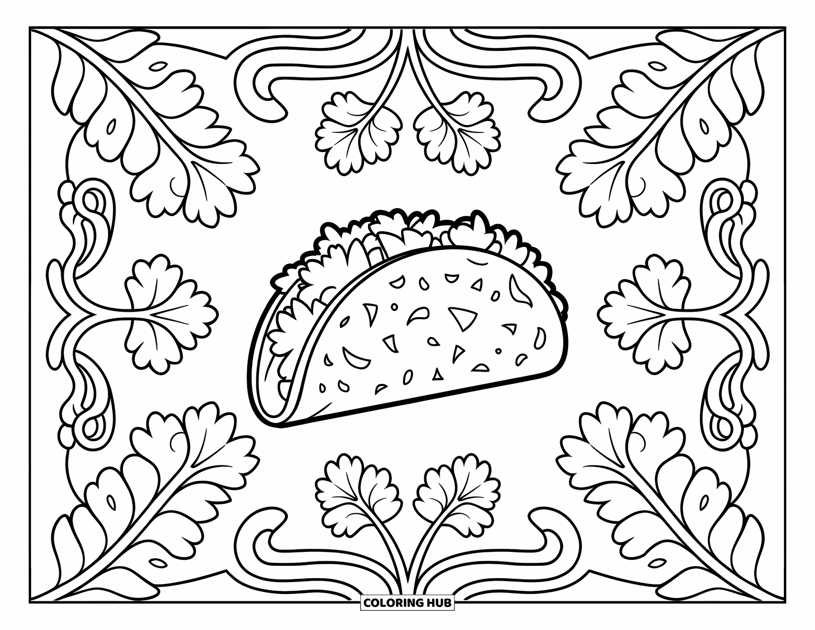 Taco Coloring Page for Adults: Crunchy taco surrounded by symmetrical cilantro and floral designs